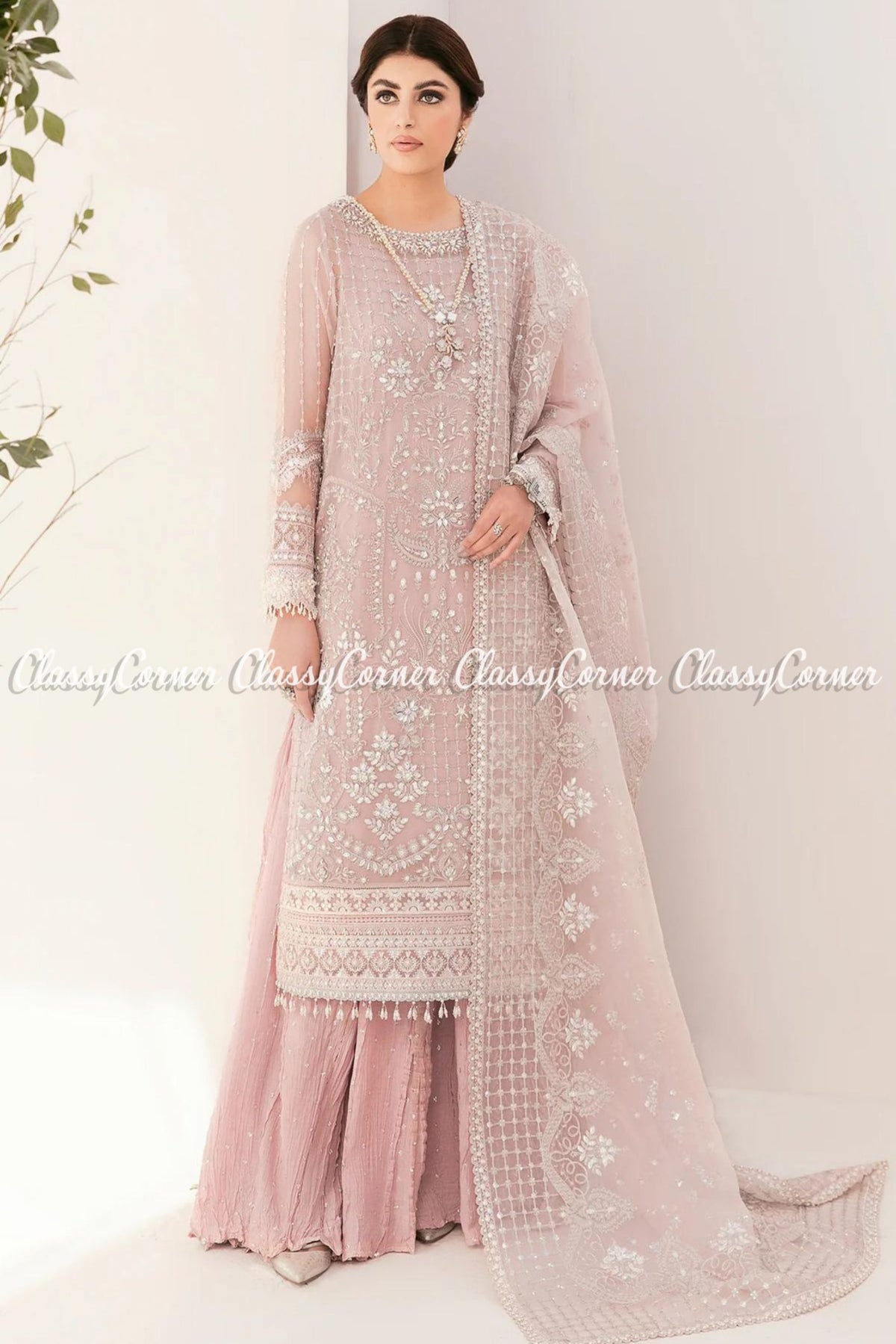 Mauve Chiffon Embroidered Pakistani Sharara Dress