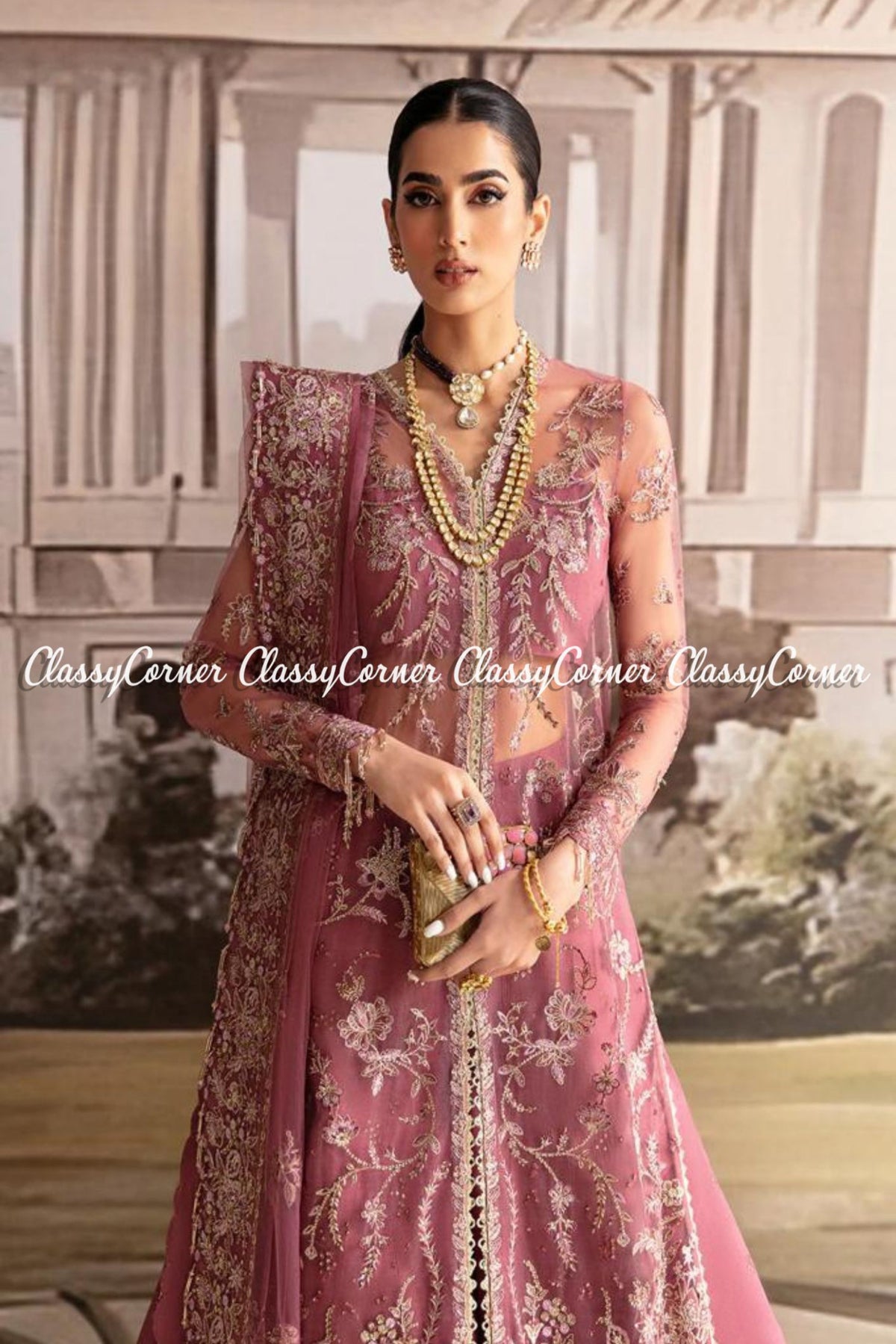 Mauve Golden Net Embroidered Wedding Wear Sharara