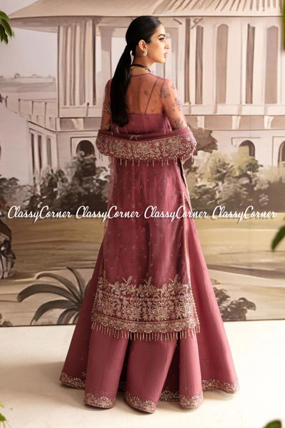 Mauve Golden Net Embroidered Wedding Wear Sharara