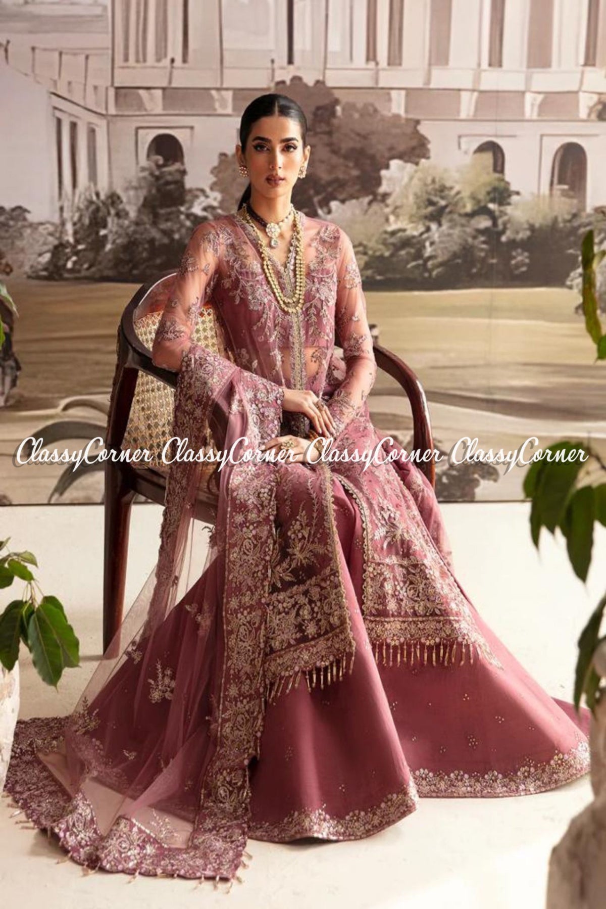 Mauve Golden Net Embroidered Wedding Wear Sharara