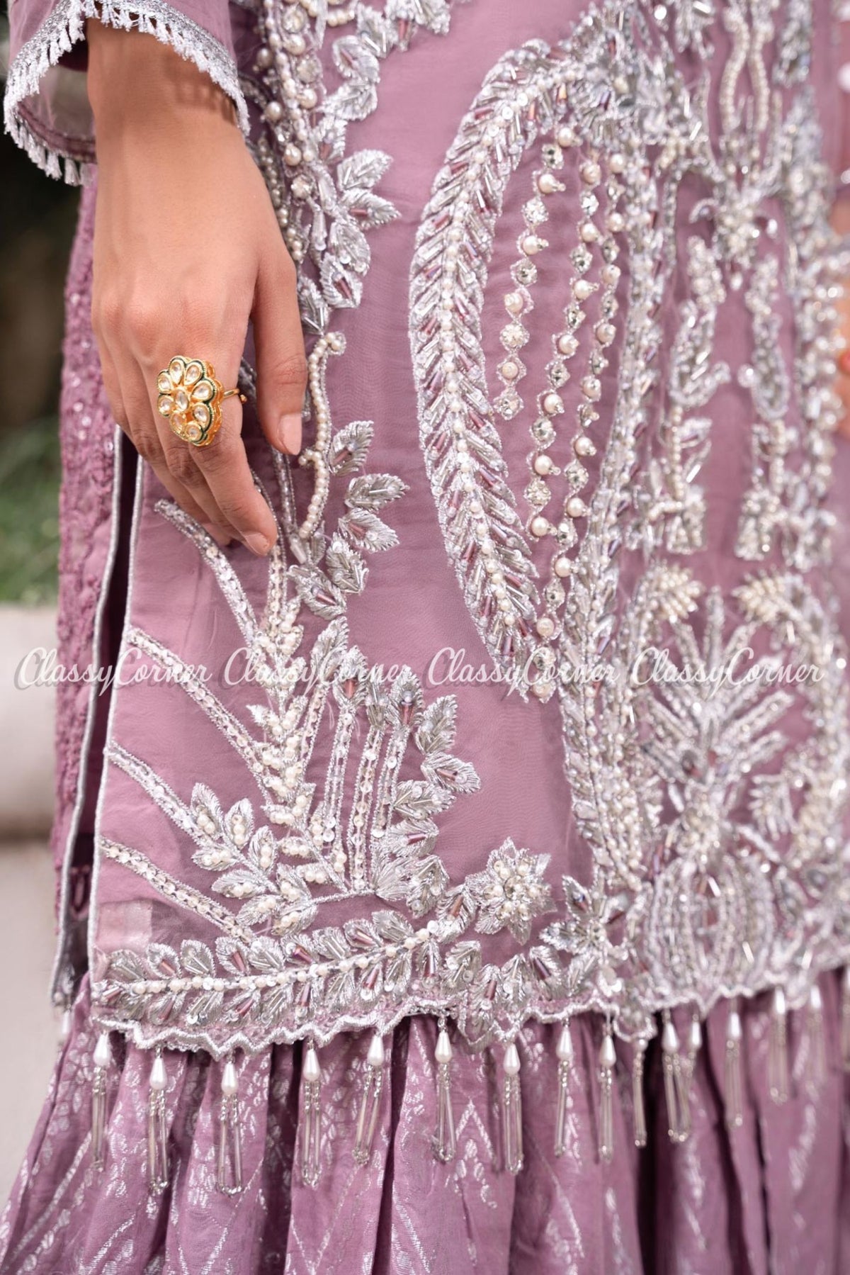 Mauve Silver Organza Party Wear Gharara