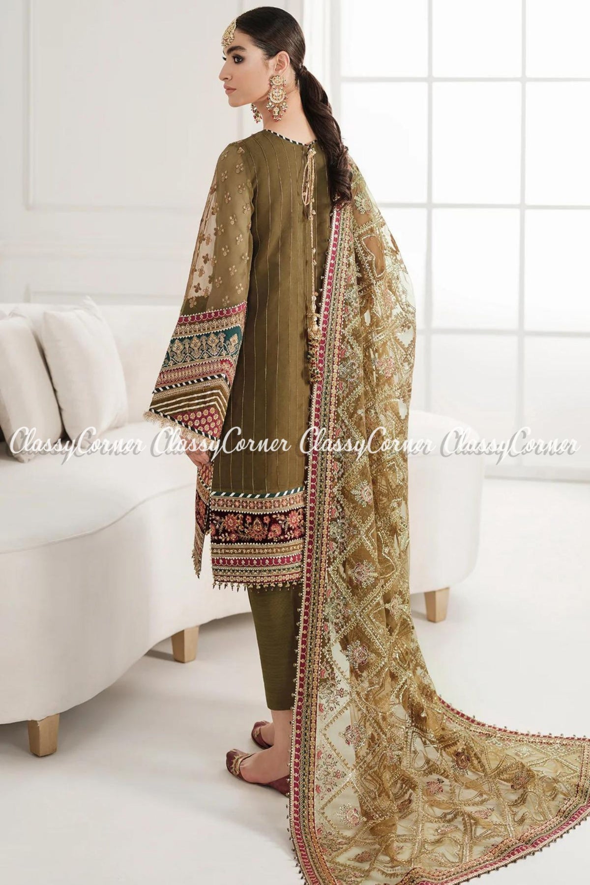 Pakistani Moss Green Chiffon Embroidered Salwar Kameez Sharara