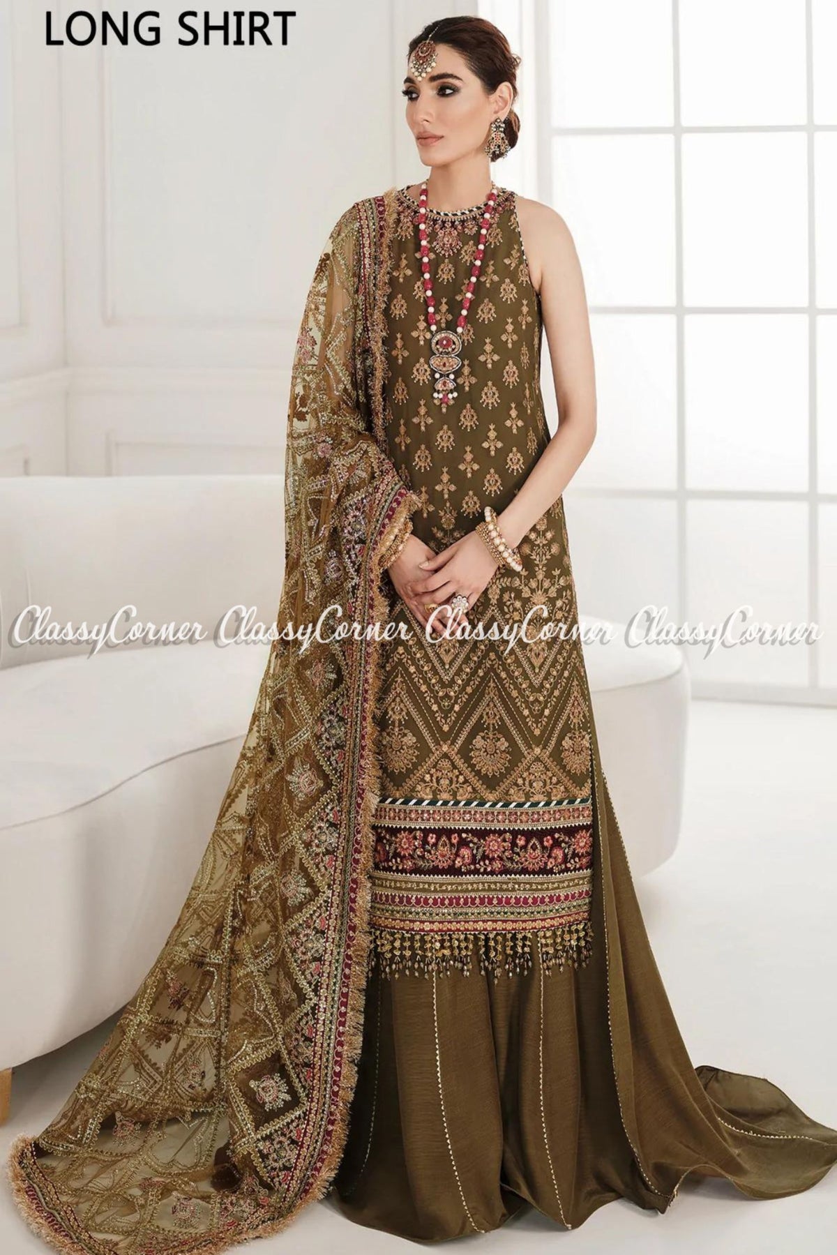 Pakistani Moss Green Chiffon Embroidered Salwar Kameez Sharara