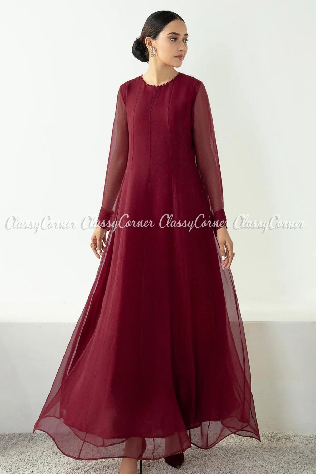 Plain Chiffon Maroon Pakistani Formal Wear Frock Dress