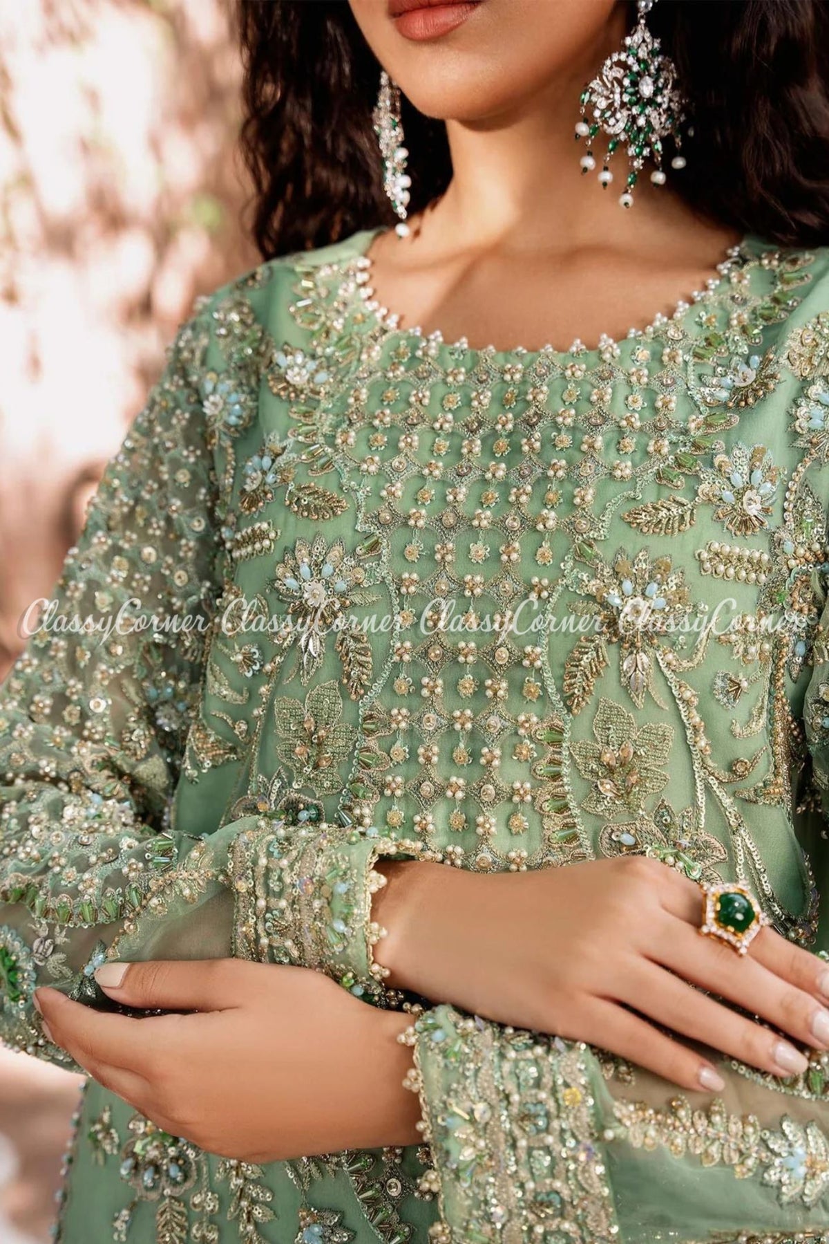 Mint Green Organza Embroidered Party Wear Sharara Outfit