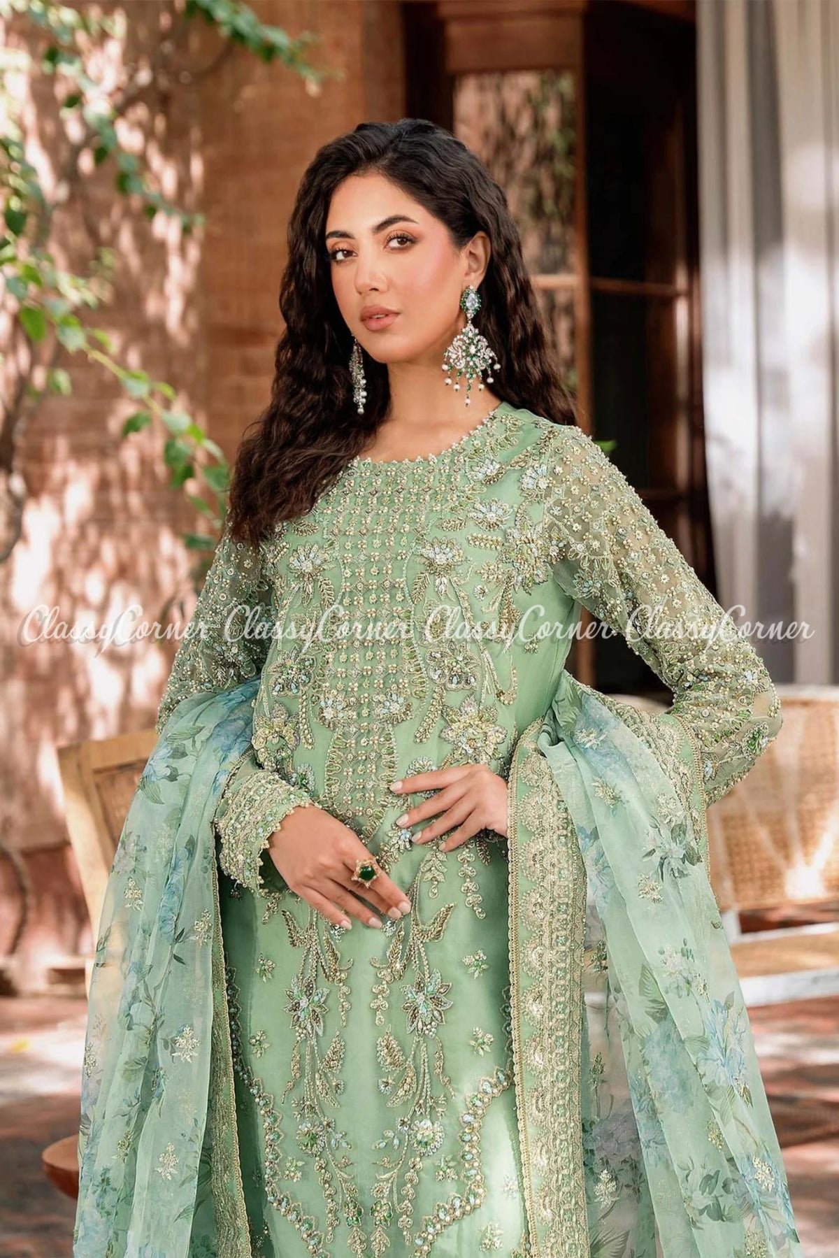 Mint Green Organza Embroidered Party Wear Sharara Outfit