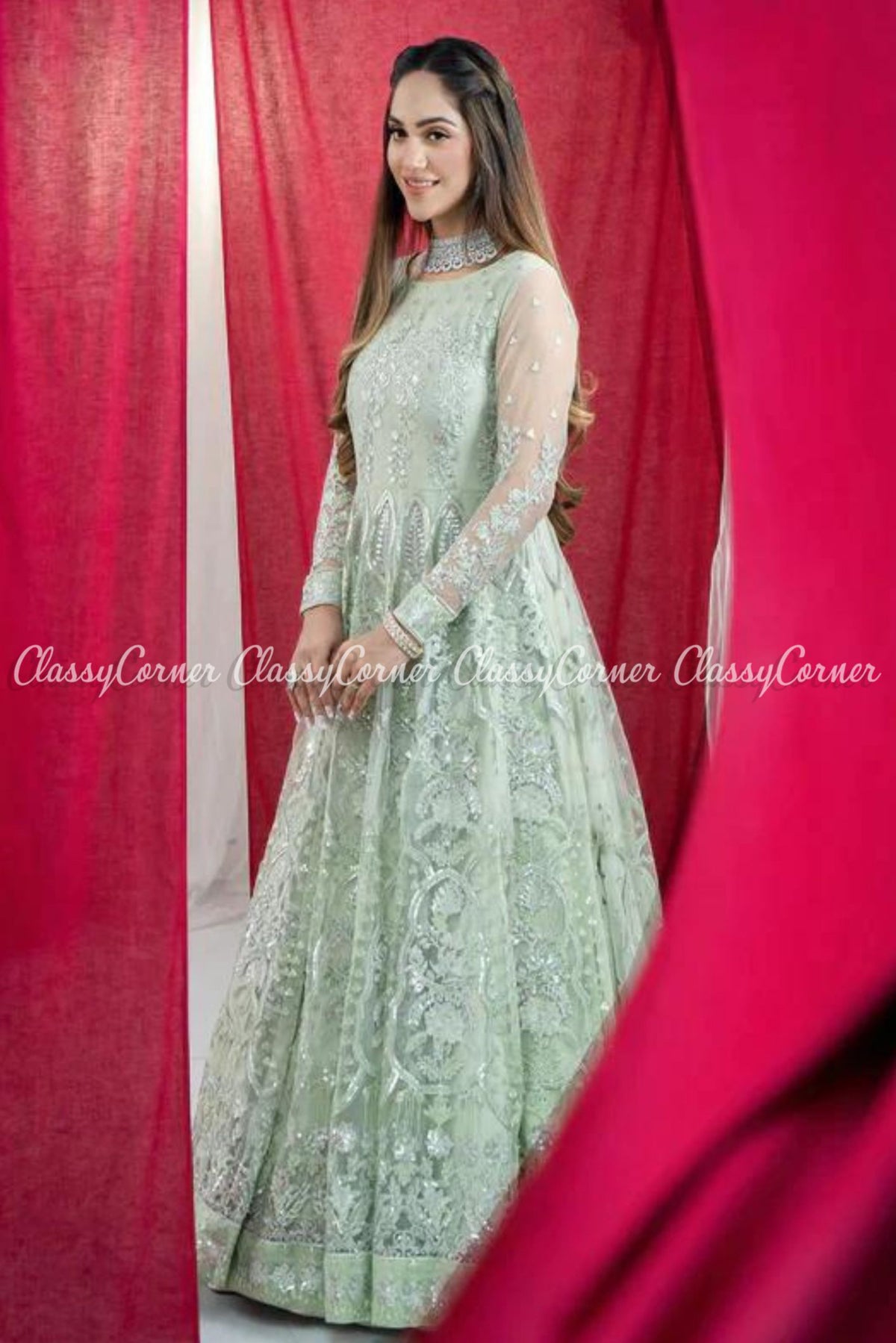 Mint Green Net Embroidered Party Wear Gown Dress