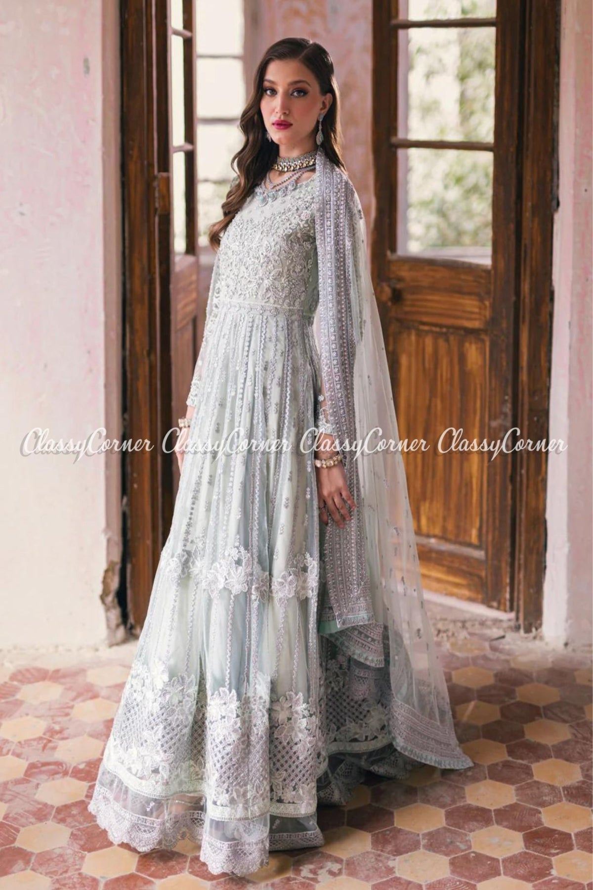 Mint Green Net Embellished Wedding Wear Gown