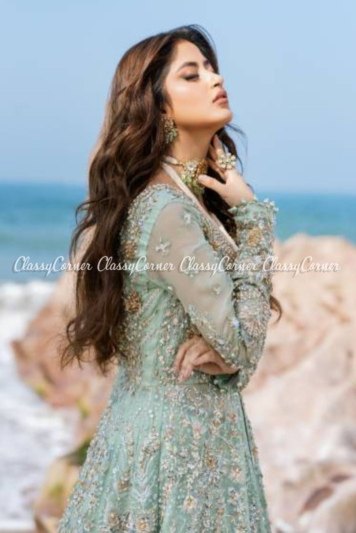 Mint Green Organza Embellished Bridal Wear Gown Lehenga