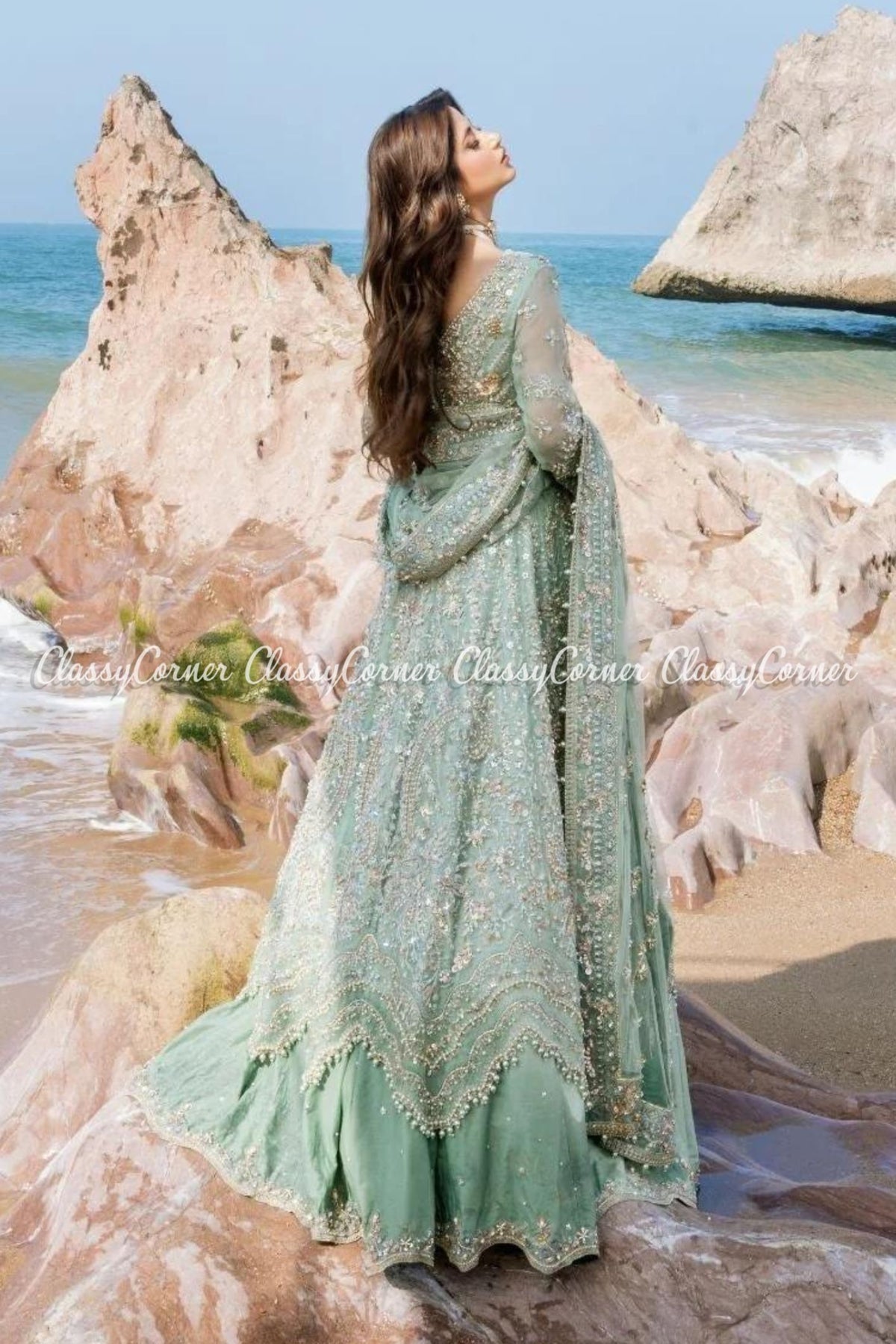 Mint Green Organza Embellished Bridal Wear Gown Lehenga