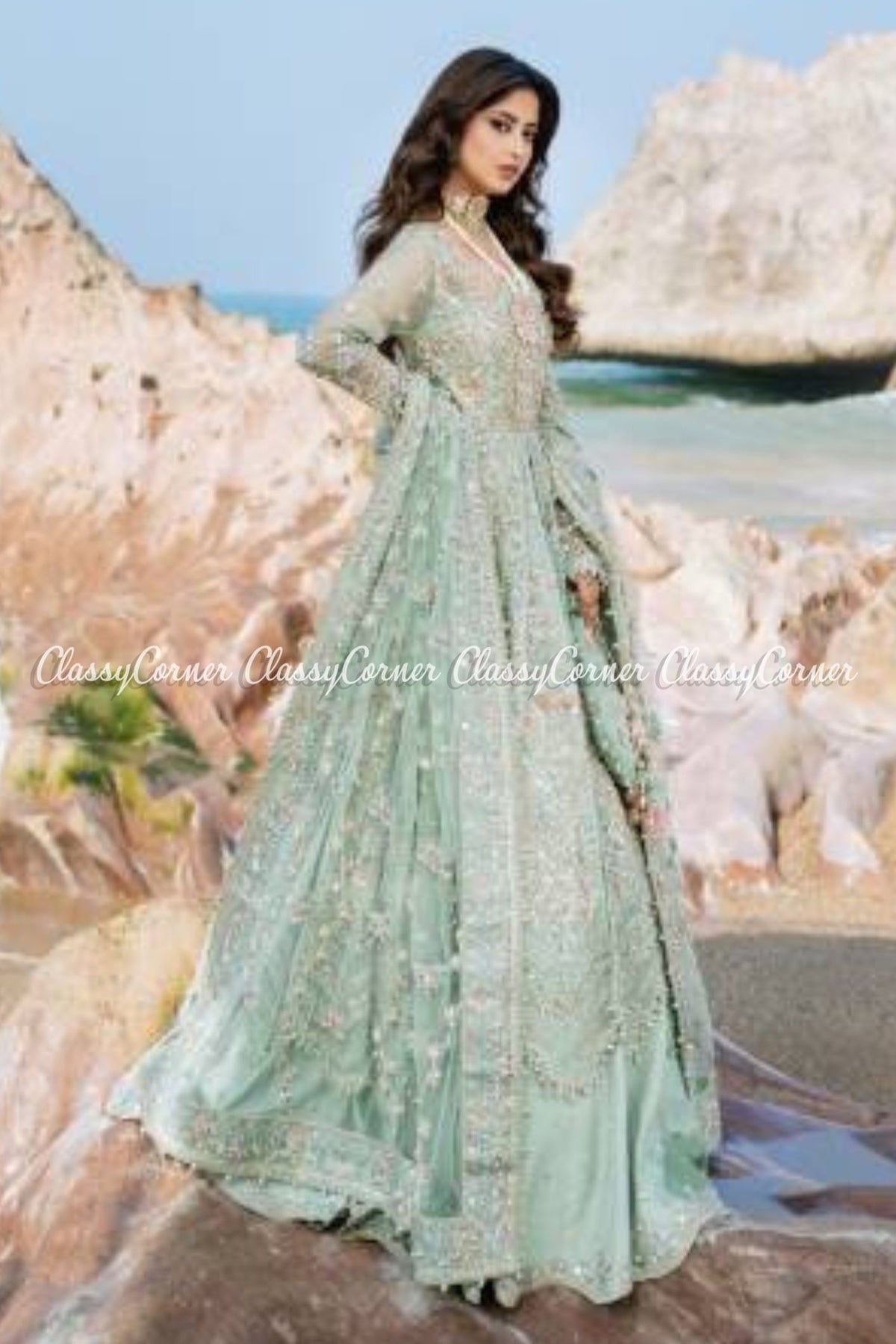 Mint Green Organza Embellished Bridal Wear Gown Lehenga