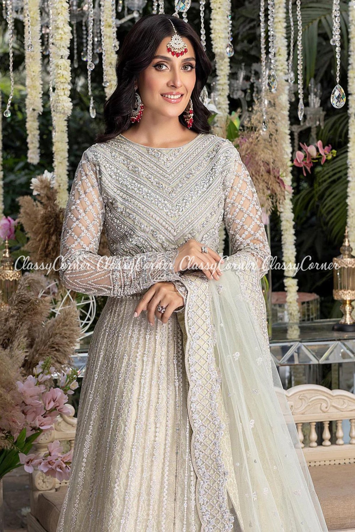 Mint Green Net Embellished Wedding Wear Gown Lehenga