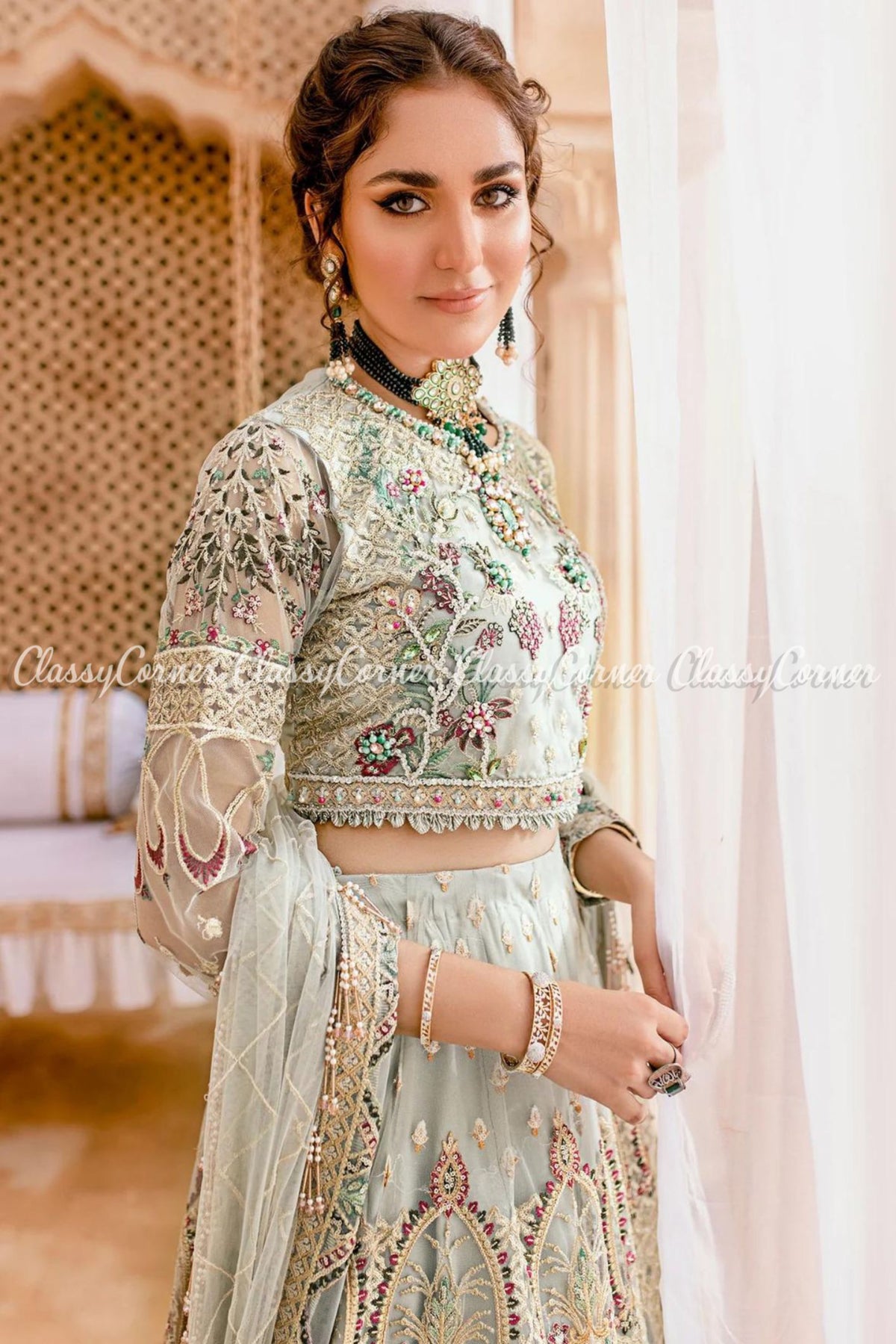 Mint Green Net Embellished Wedding Wear Lehenga Choli