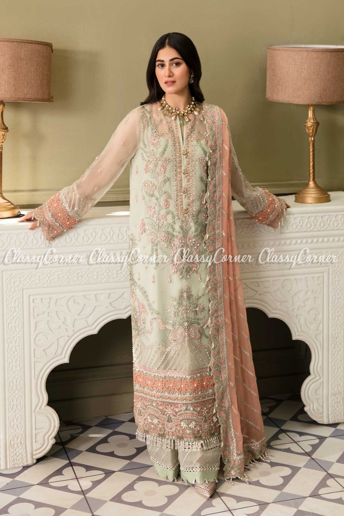 Mint Green Peach Organza Embellished Salwar Kameez