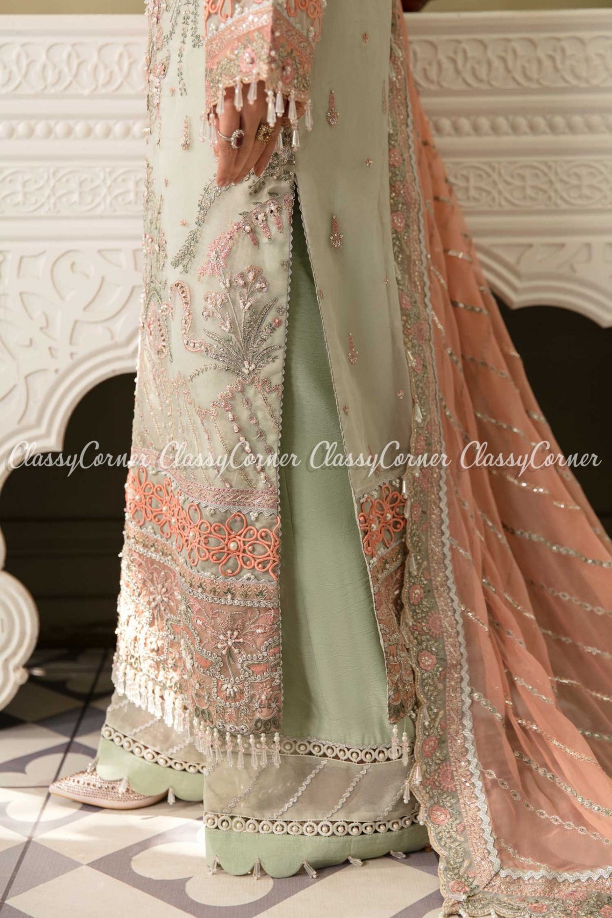 Mint Green Peach Organza Embellished Salwar Kameez