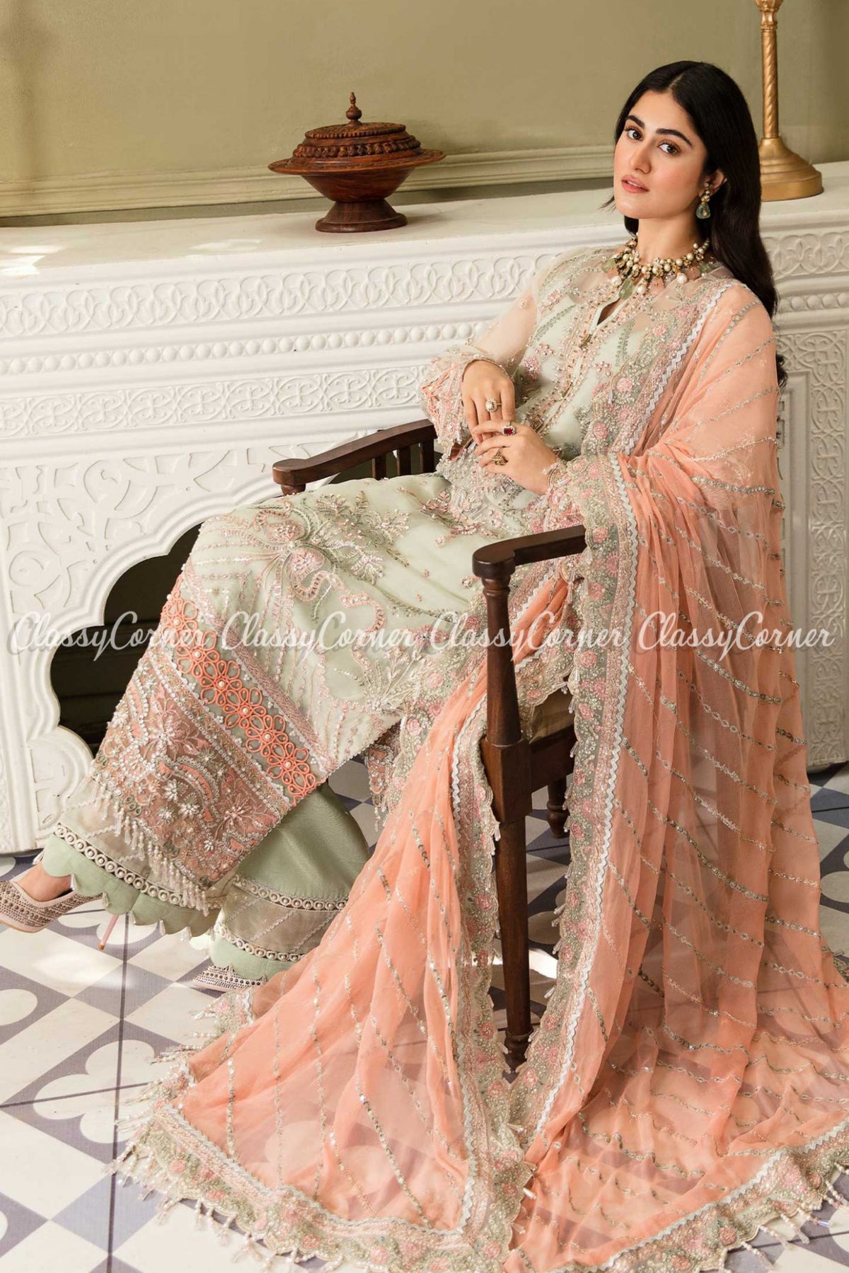 Mint Green Peach Organza Embellished Salwar Kameez