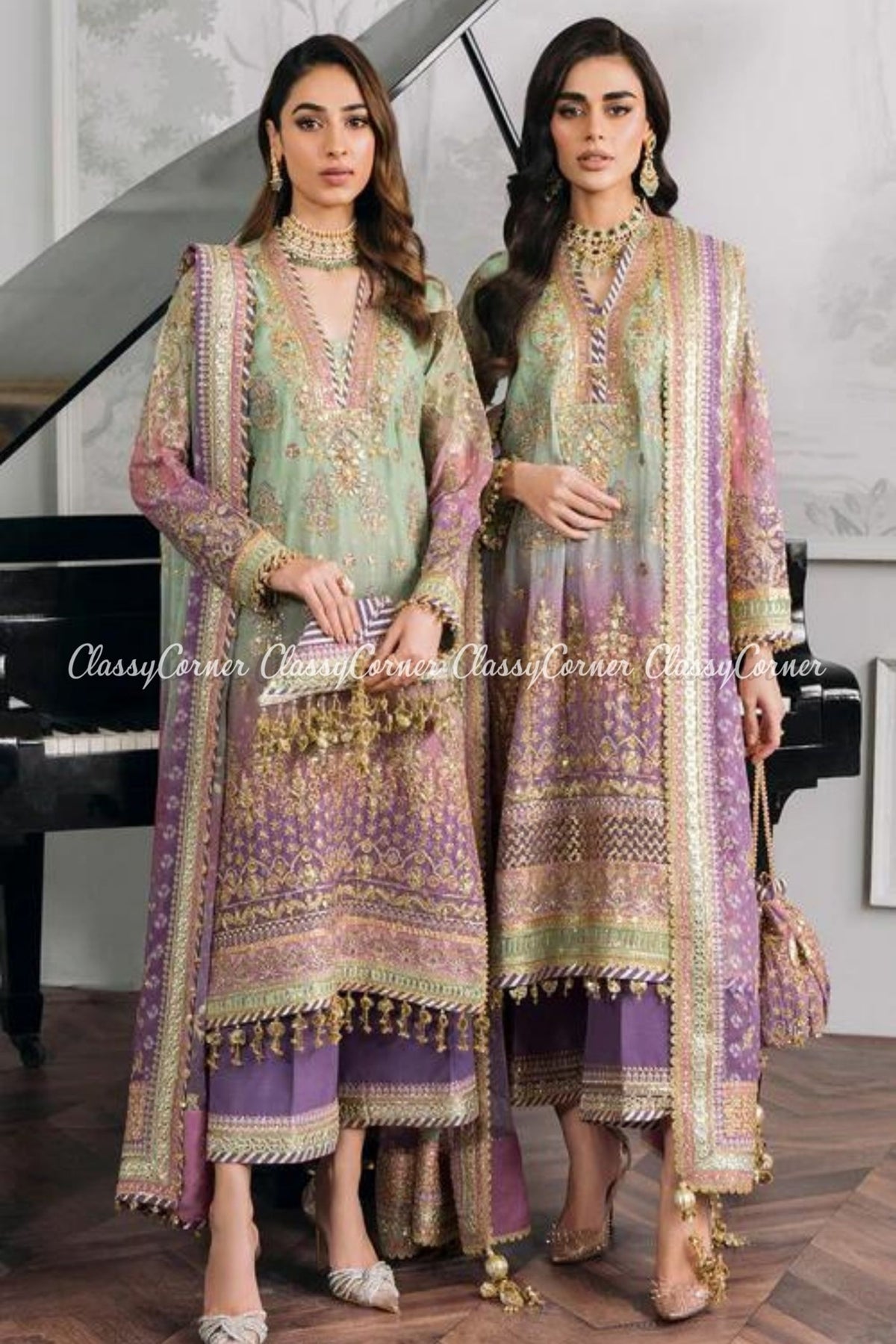 Mint Purple Chiffon Embroidered Party Wear Suits