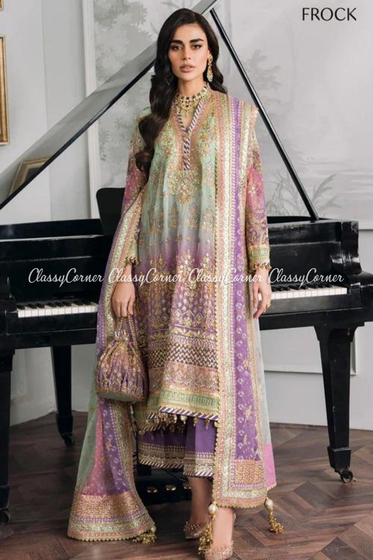 Mint Purple Chiffon Embroidered Party Wear Suits