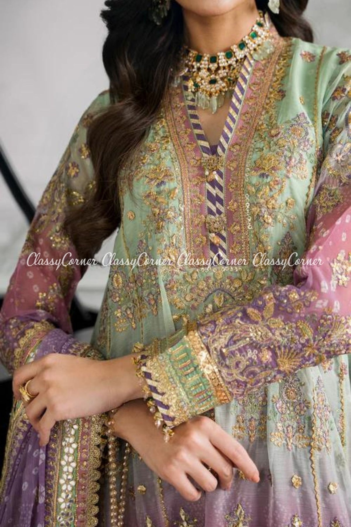 Mint Purple Chiffon Embroidered Party Wear Suits