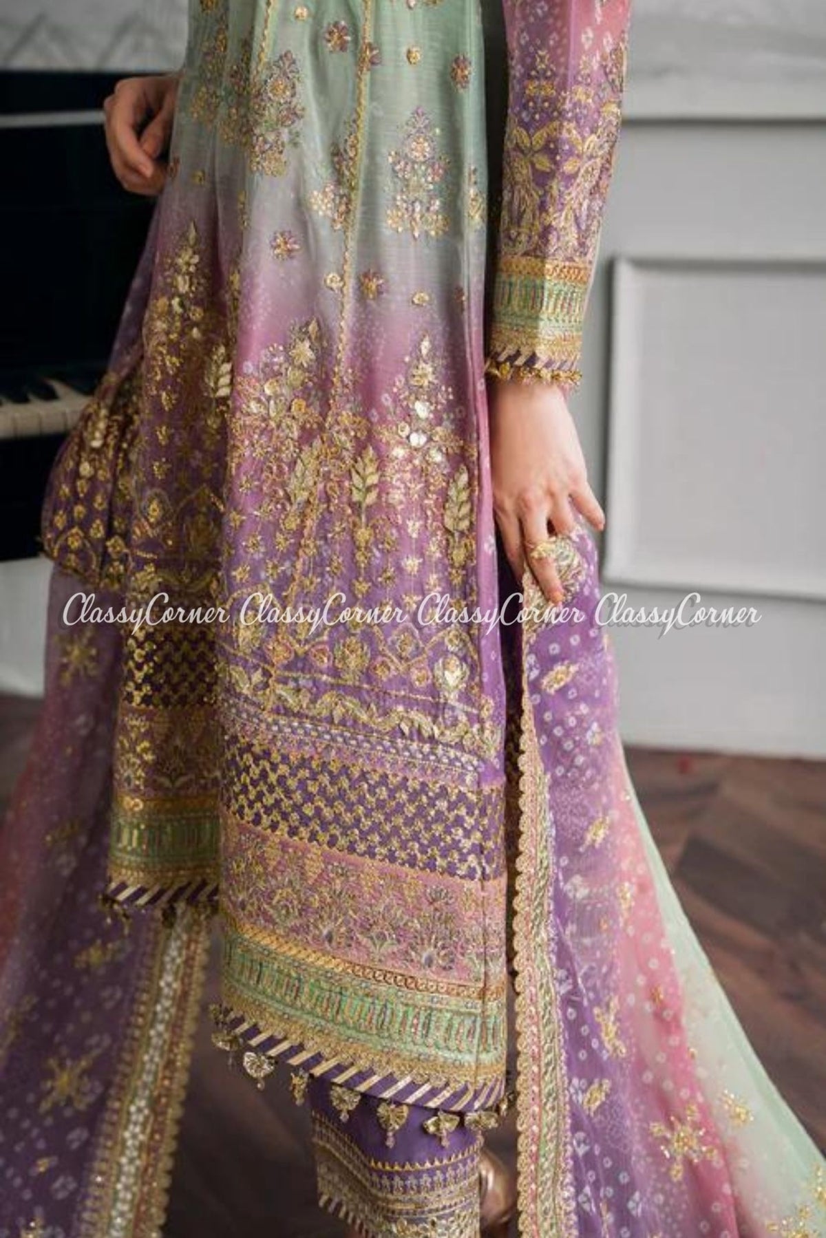 Mint Purple Chiffon Embroidered Party Wear Suits