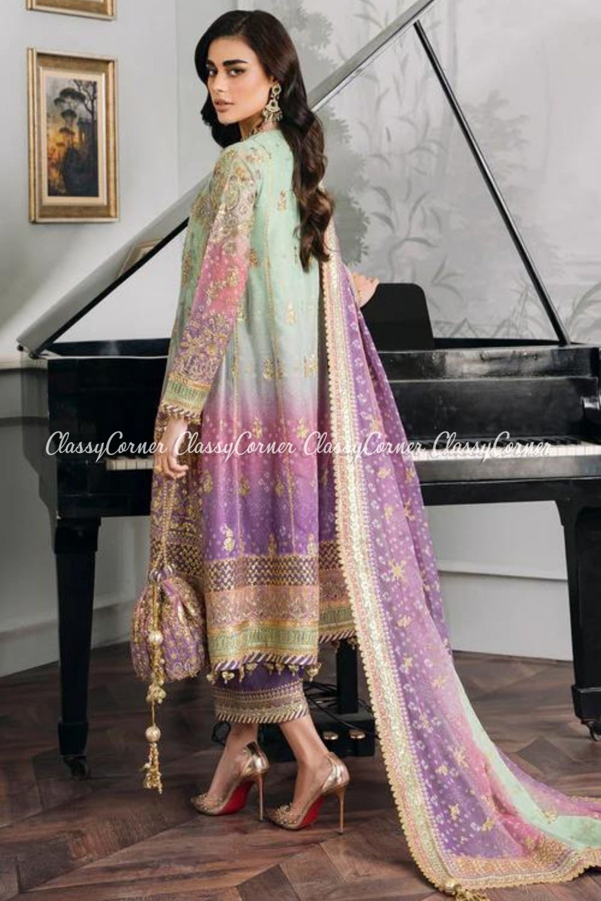 Mint Purple Chiffon Embroidered Party Wear Suits