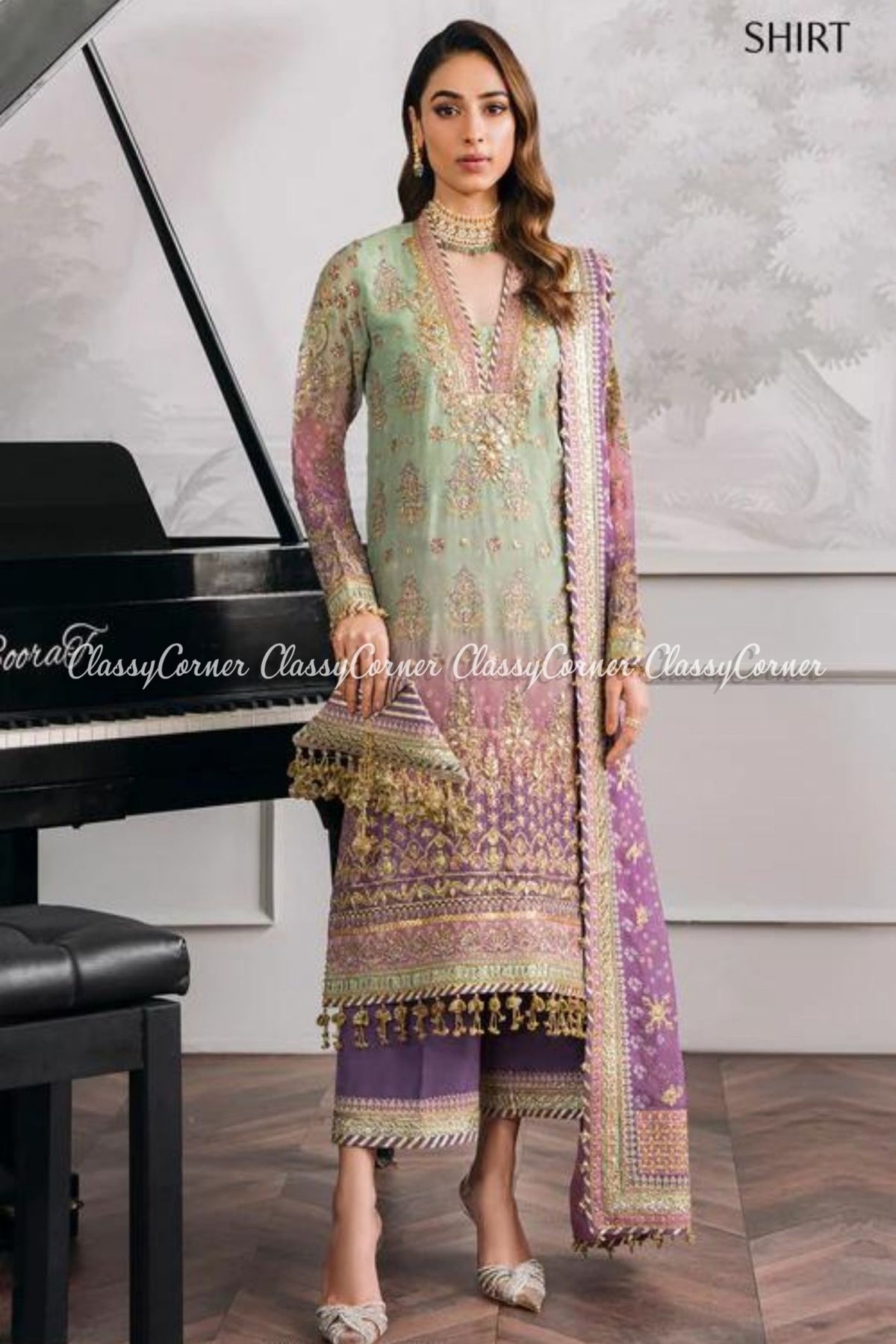 Mint Purple Chiffon Embroidered Party Wear Suits