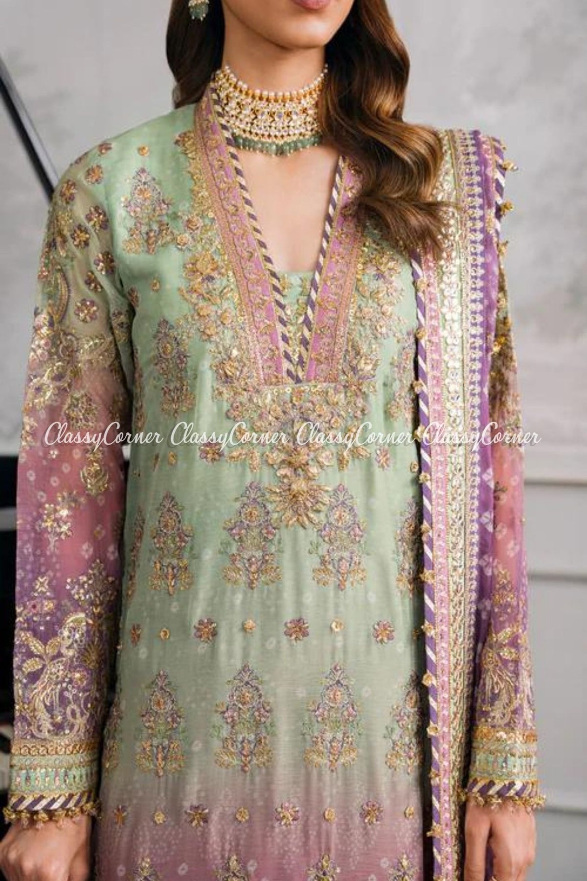 Mint Purple Chiffon Embroidered Party Wear Suits