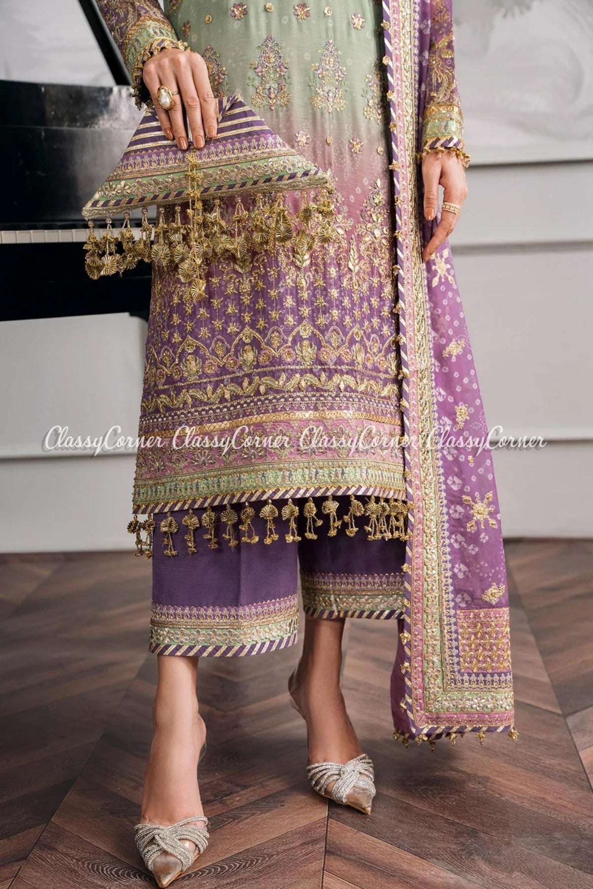 Mint Purple Chiffon Embroidered Party Wear Suits