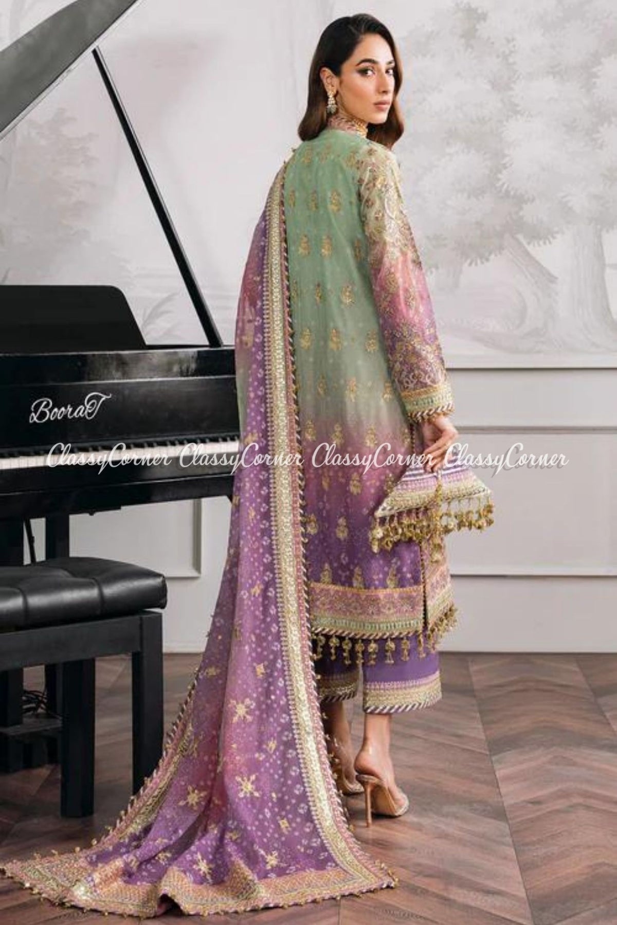 Mint Purple Chiffon Embroidered Party Wear Suits