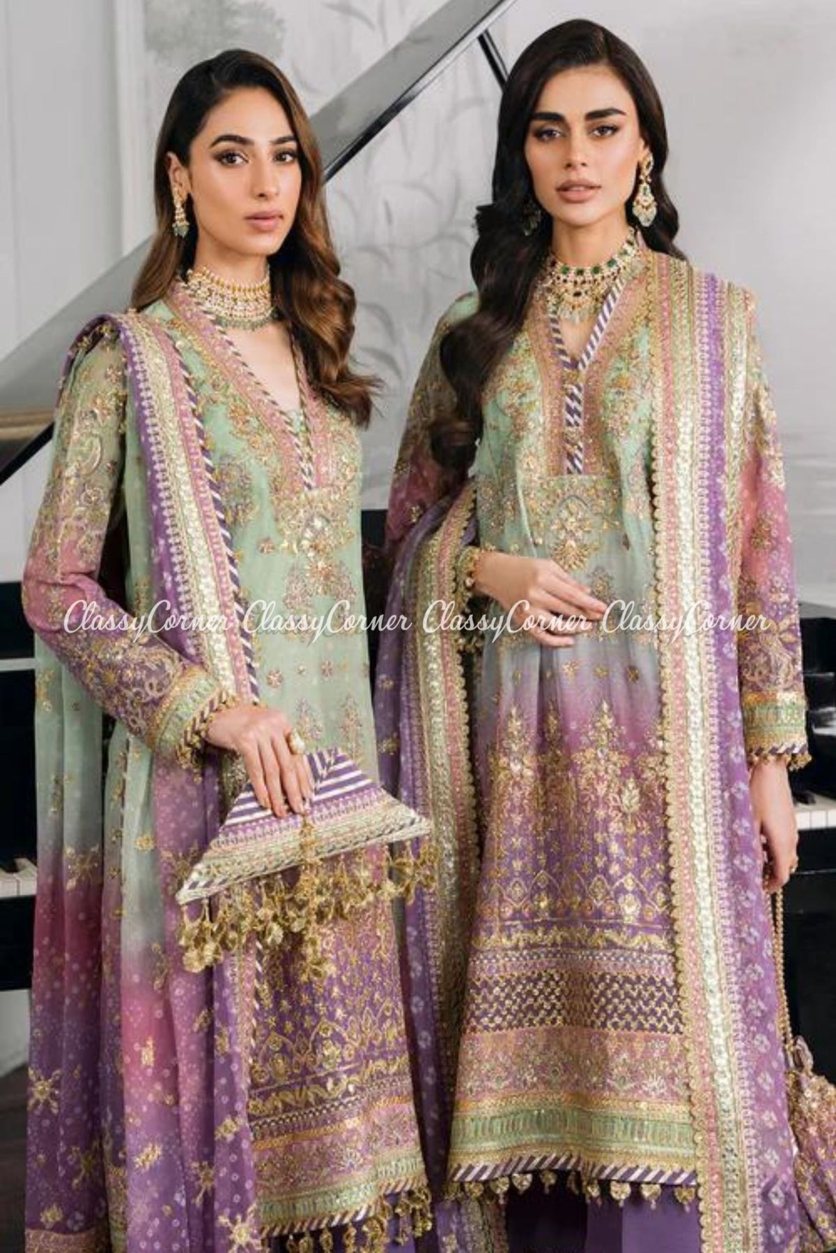 Mint Purple Chiffon Embroidered Party Wear Suits