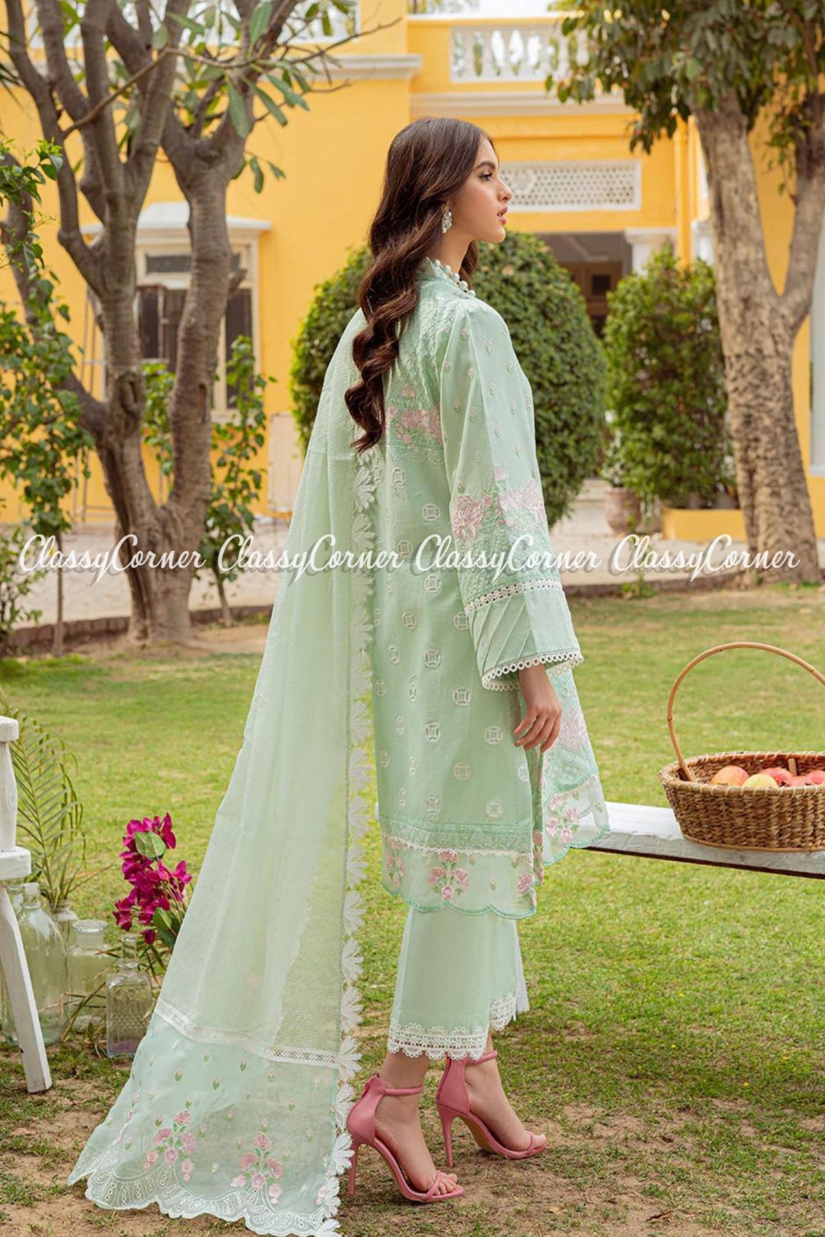 Mint Green White Schiffli Lawn Embroidered Dress