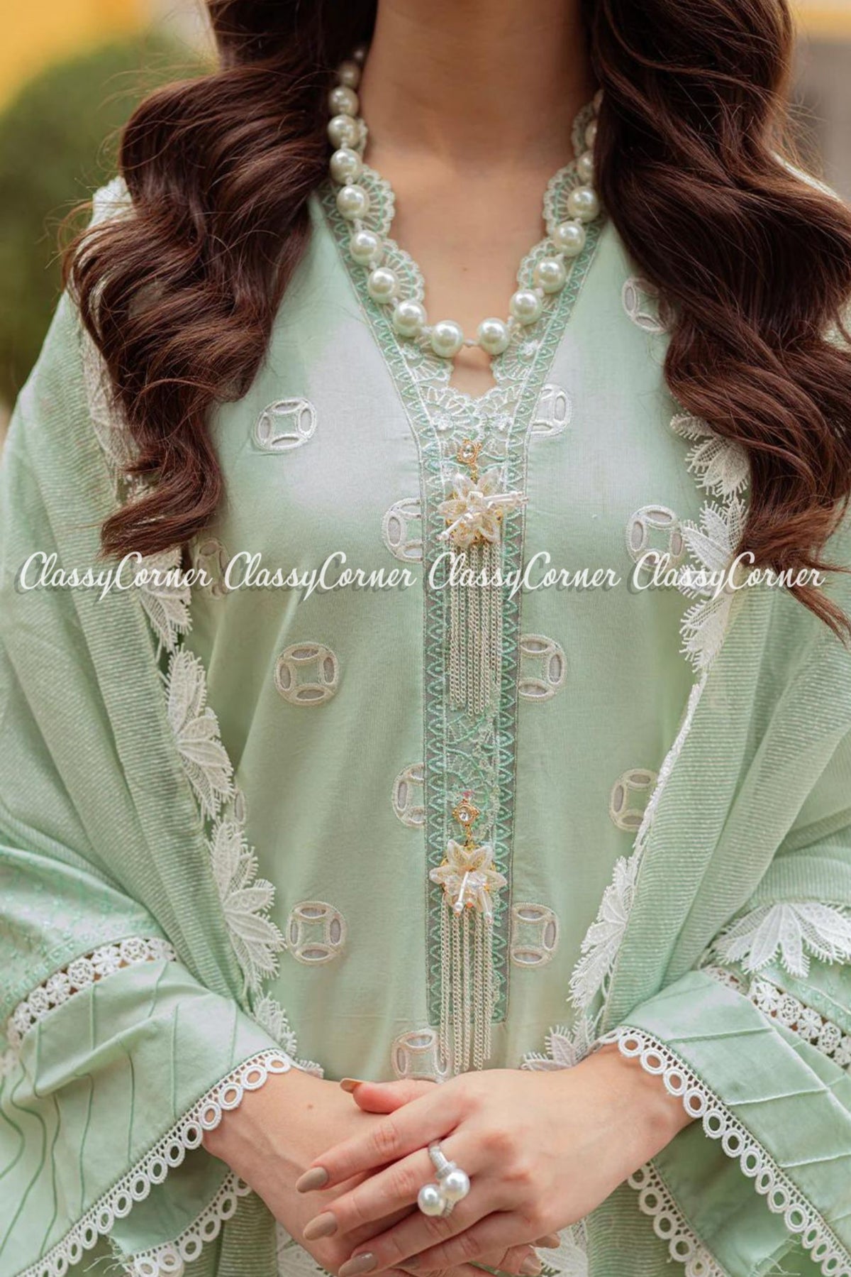 Mint Green White Schiffli Lawn Embroidered Dress