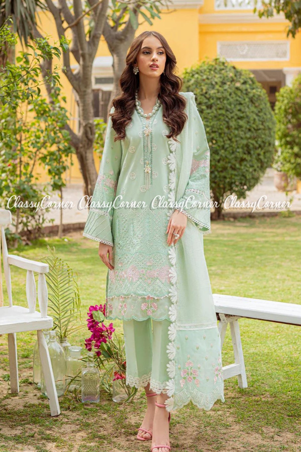 Mint Green White Schiffli Lawn Embroidered Dress