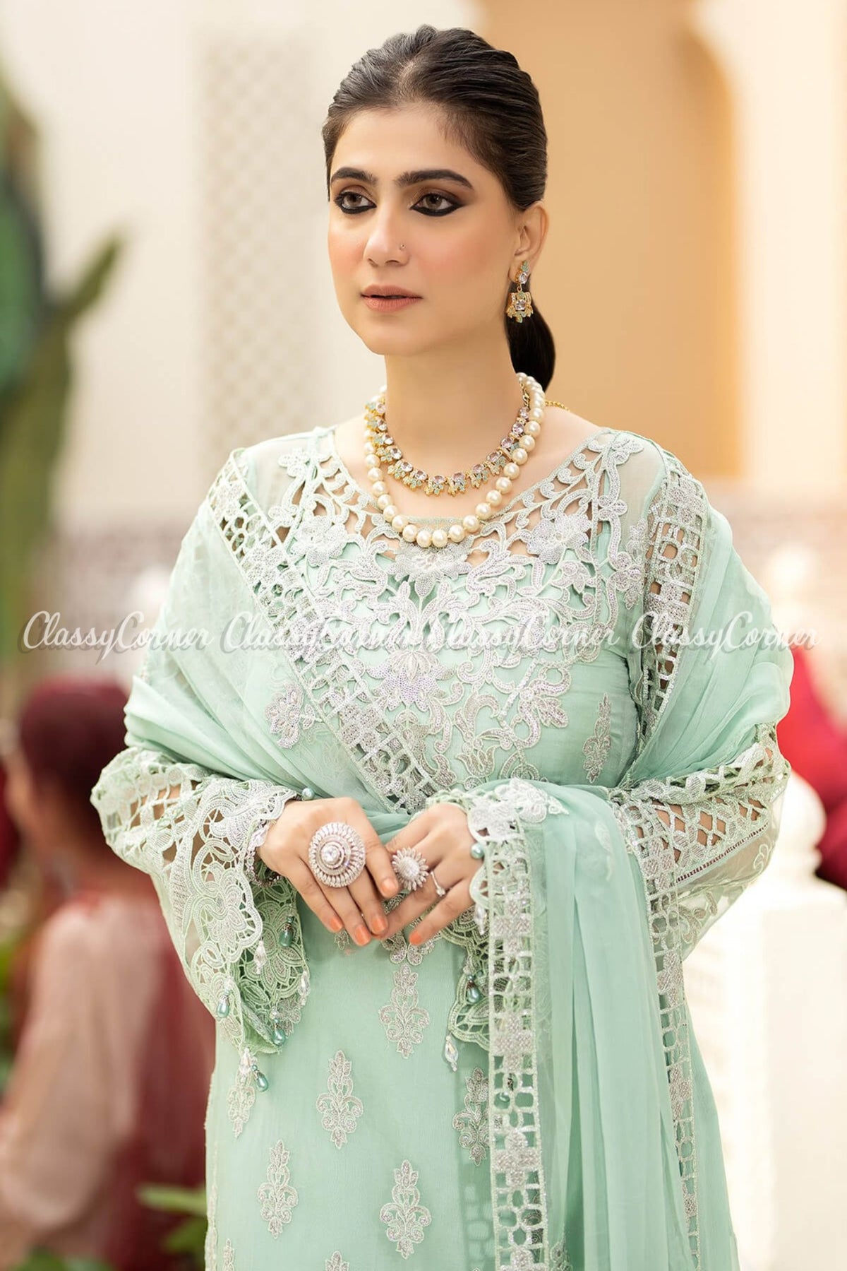 Mint Silver Chiffon Embroidered Salwar Kameez