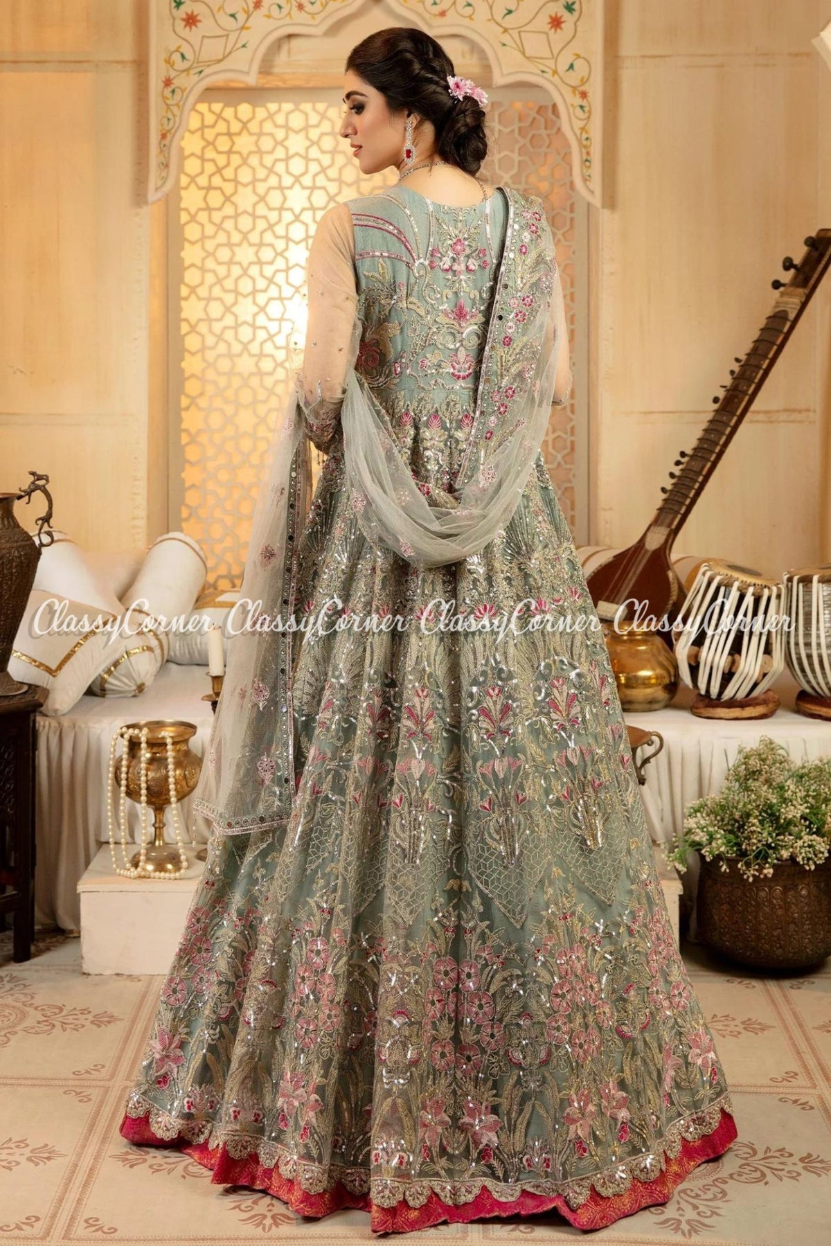 Mint Green Multi Net Embroidered Bridal Wear Gown