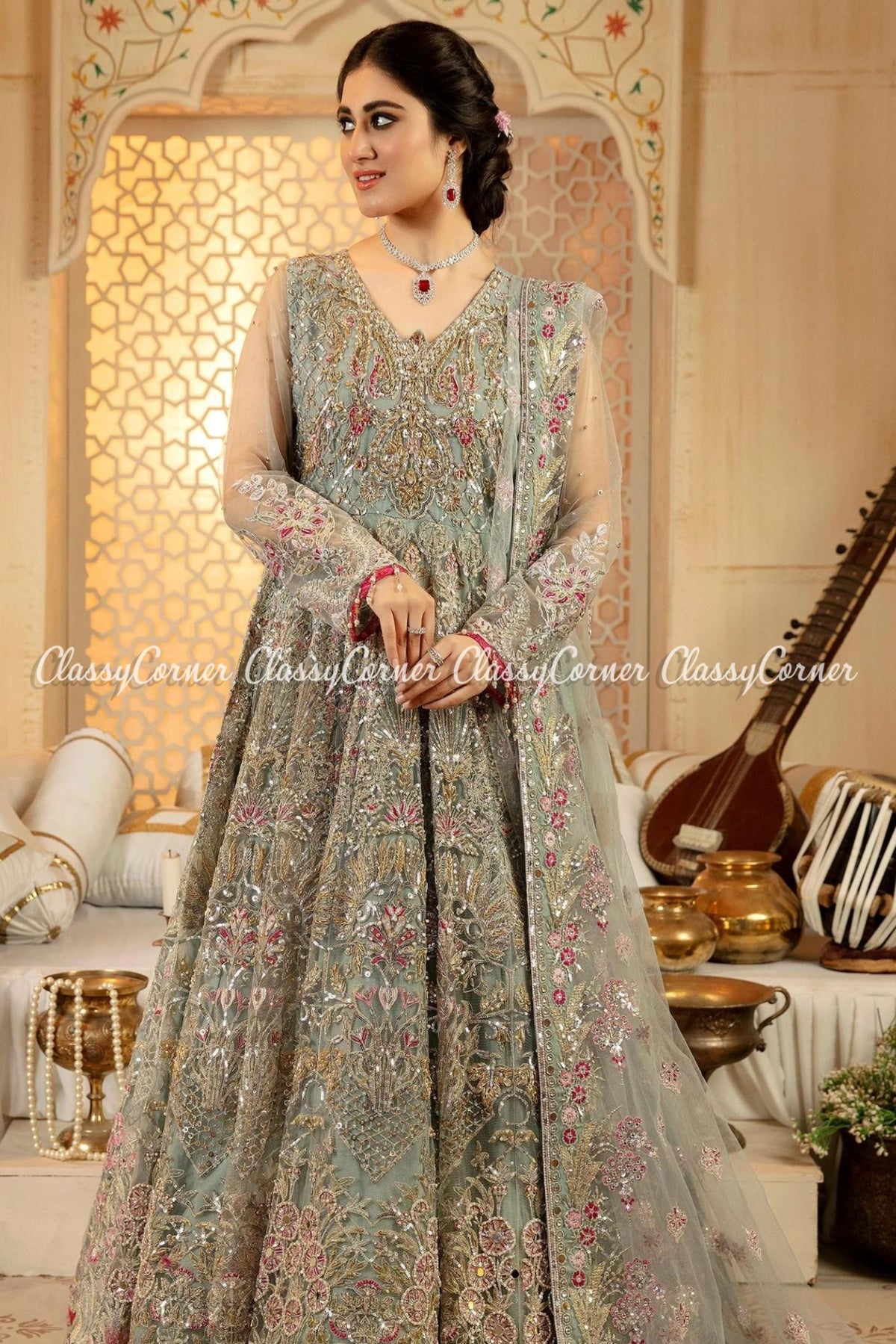 Mint Green Multi Net Embroidered Bridal Wear Gown