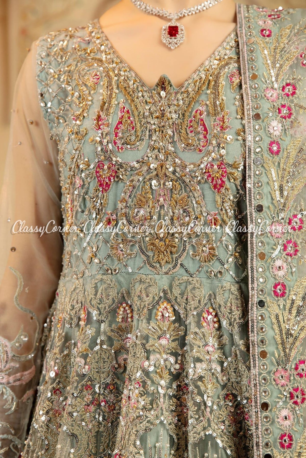 Mint Green Multi Net Embroidered Bridal Wear Gown