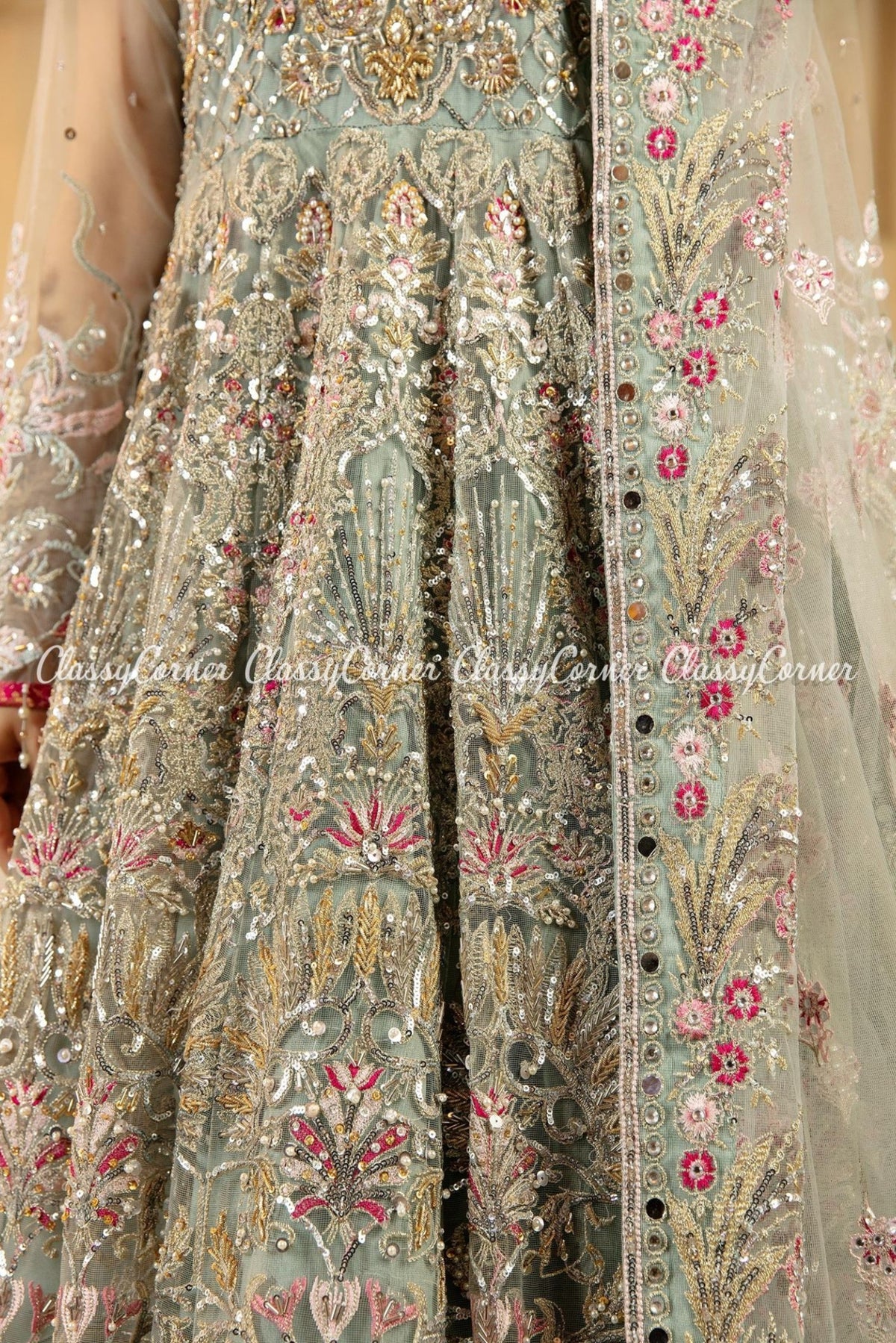 Mint Green Multi Net Embroidered Bridal Wear Gown