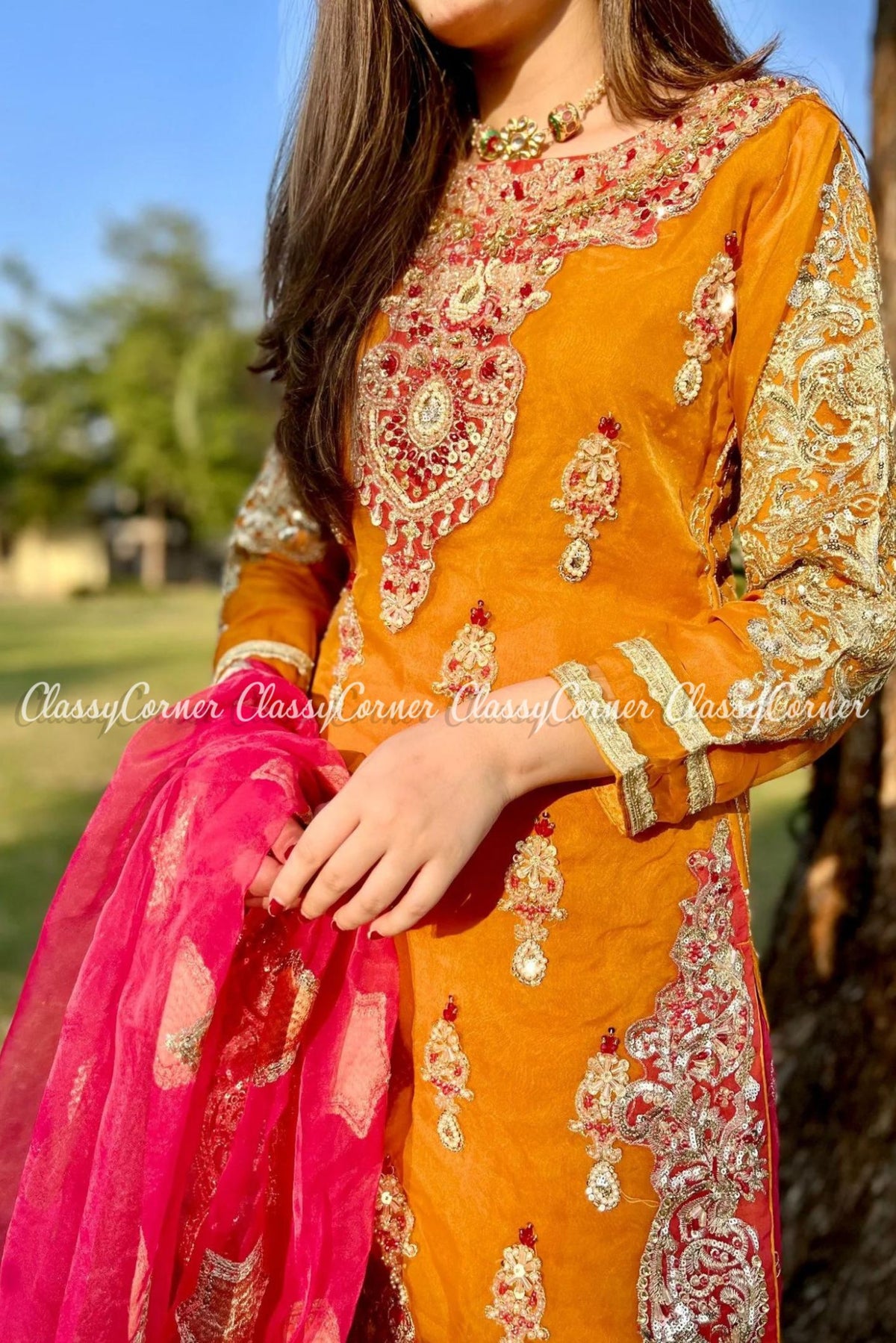 Yellow Pink Organza Pakistani Wedding Wear Gharara