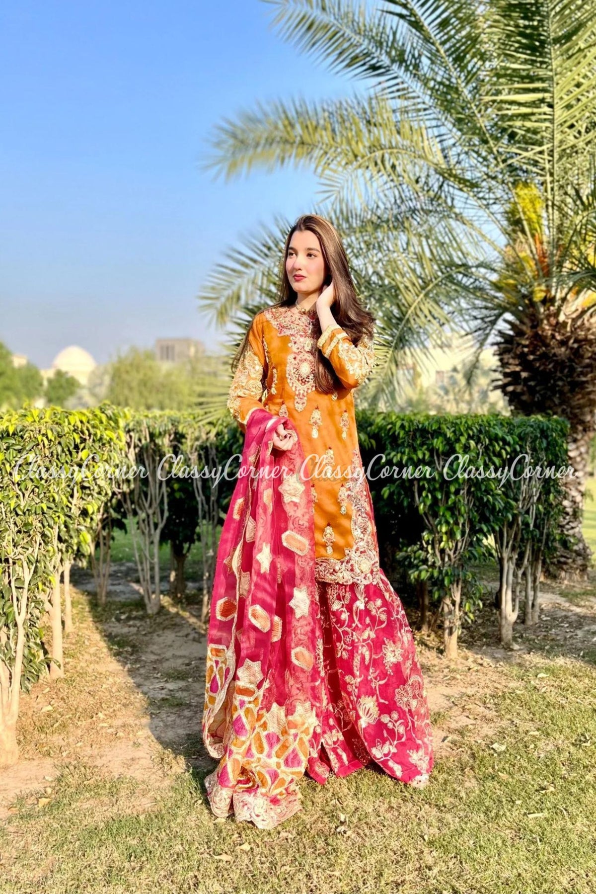 Yellow Pink Organza Pakistani Wedding Wear Gharara