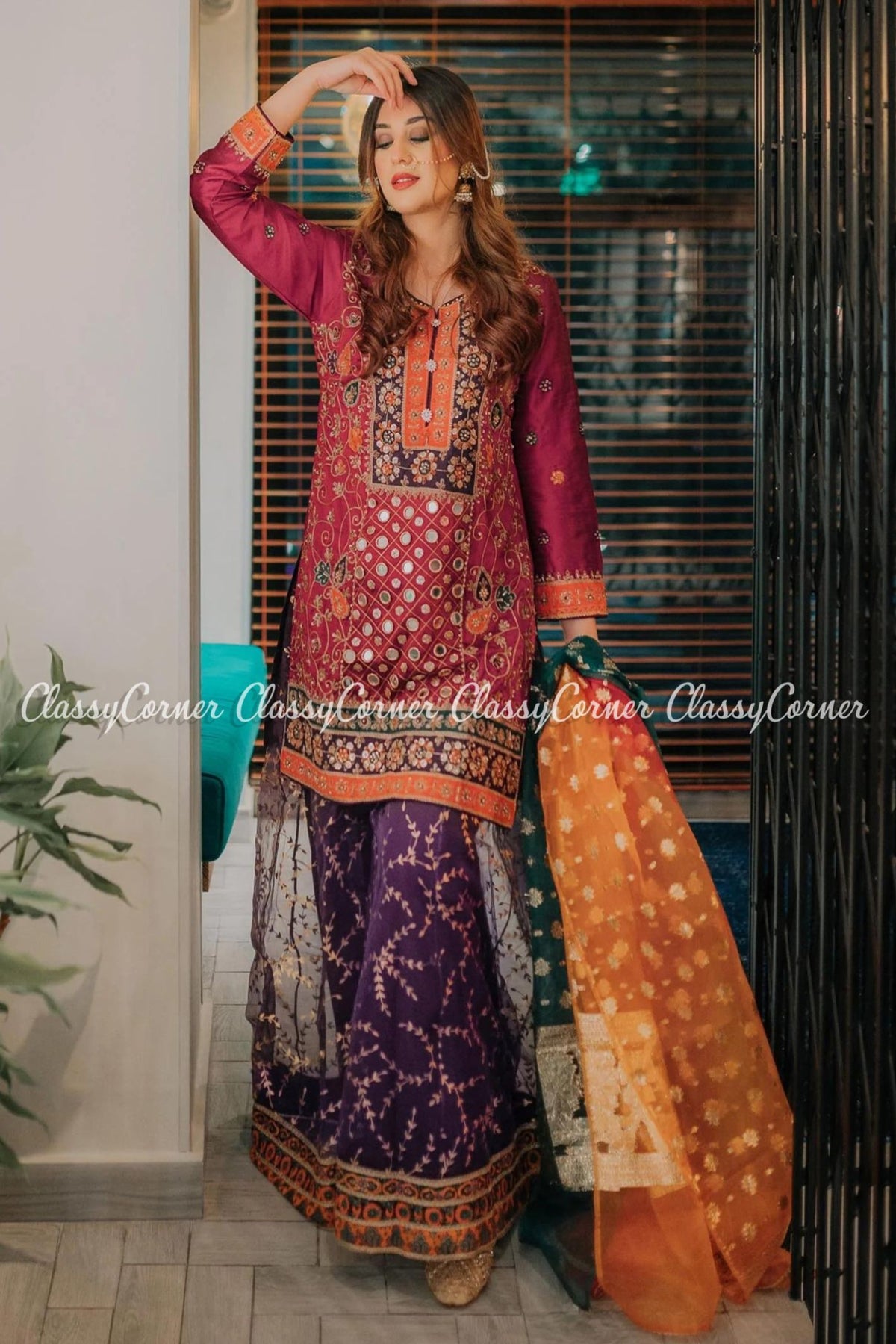 Multicolor Embroidered Pakistani Party Wear Sharara Outfit