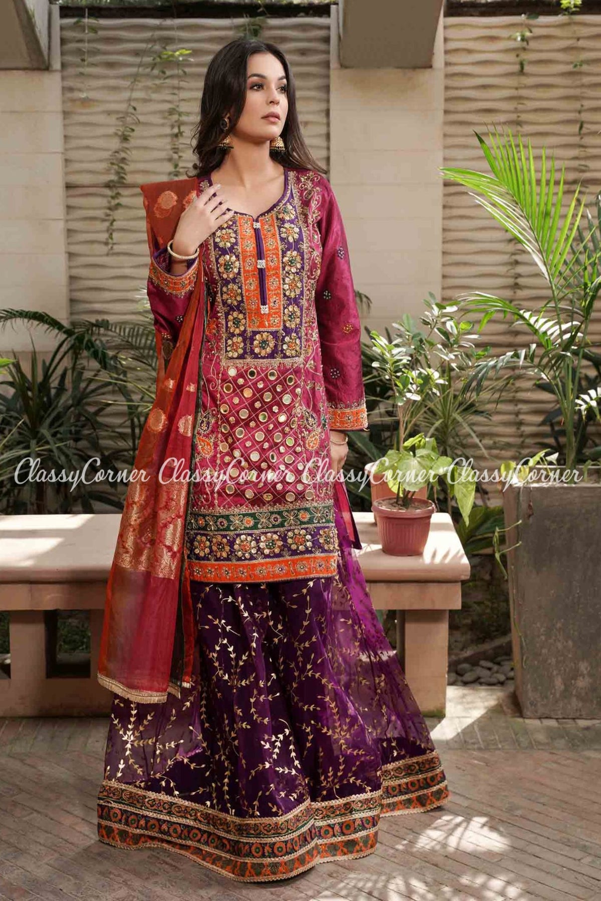 Multicolor Embroidered Pakistani Party Wear Sharara Outfit