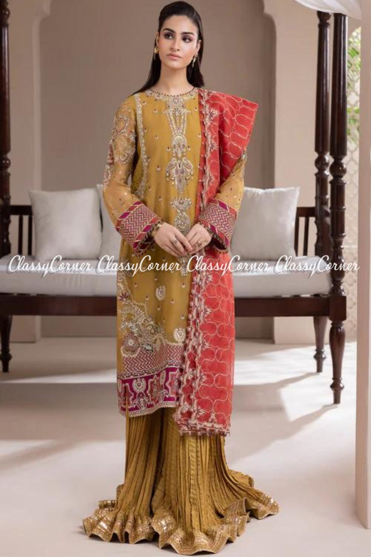 Mustard Golden Chiffon Organza Embroidered Party Wear Outfit