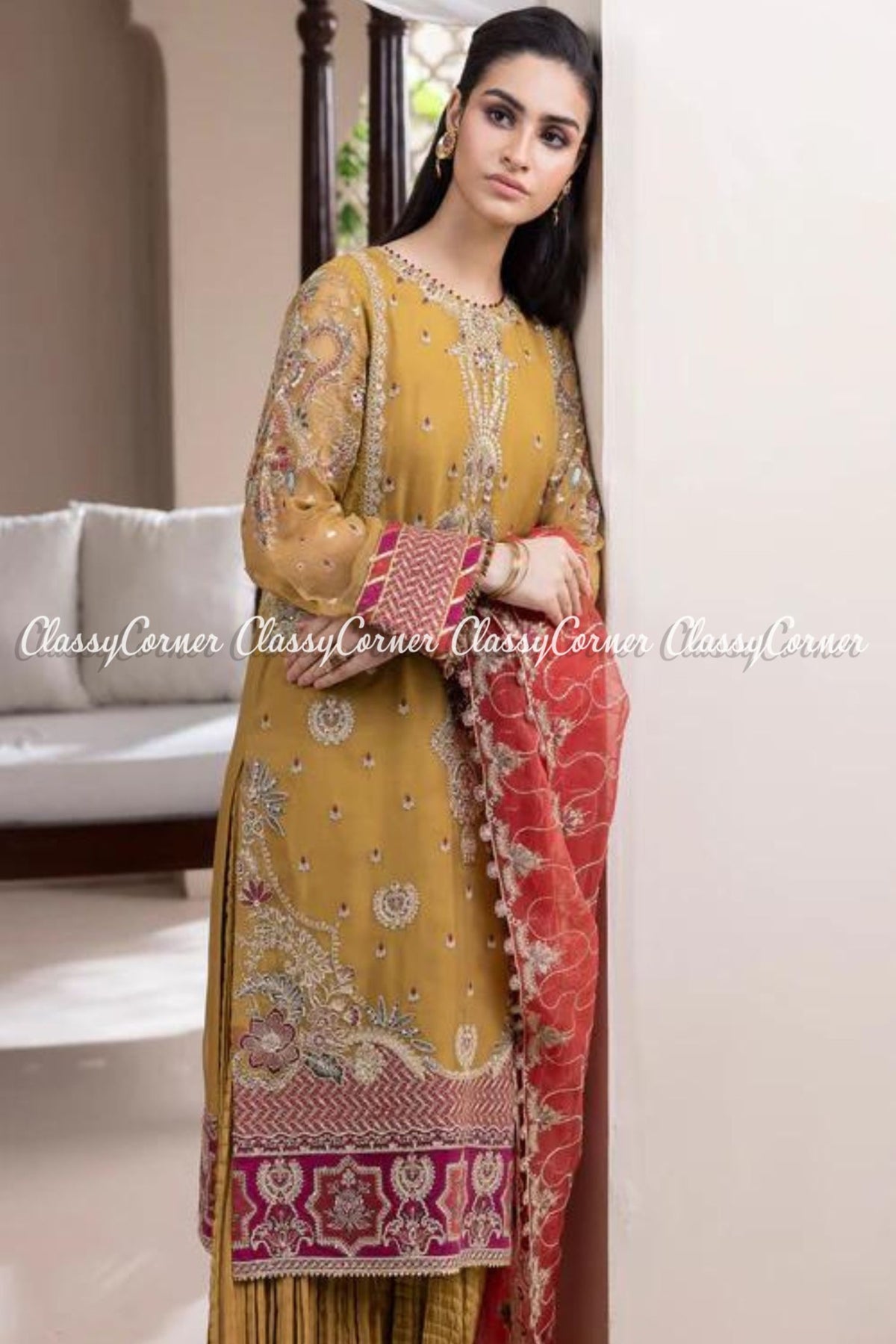 Mustard Golden Chiffon Organza Embroidered Party Wear Outfit