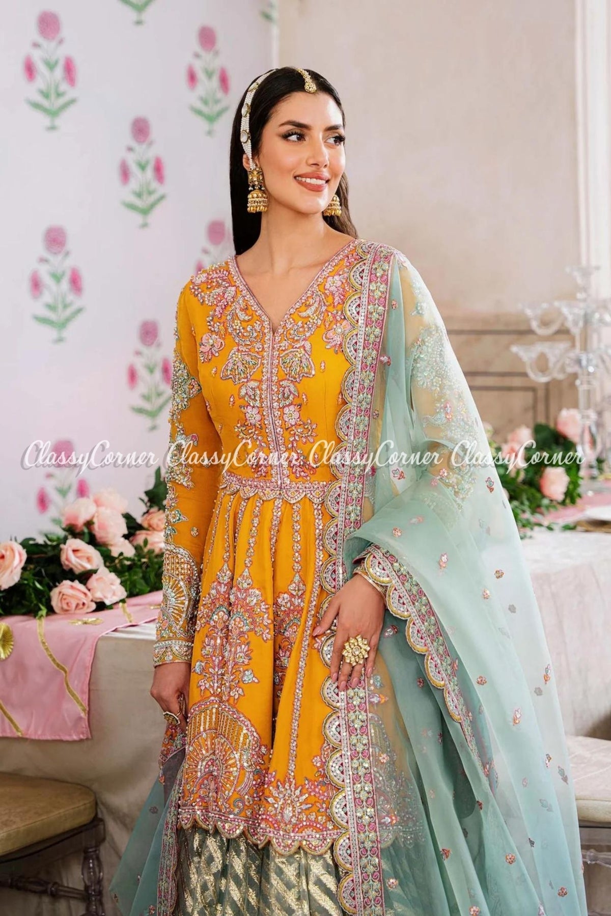 Mustard Mint Net Embellished Wedding Wear Gharara