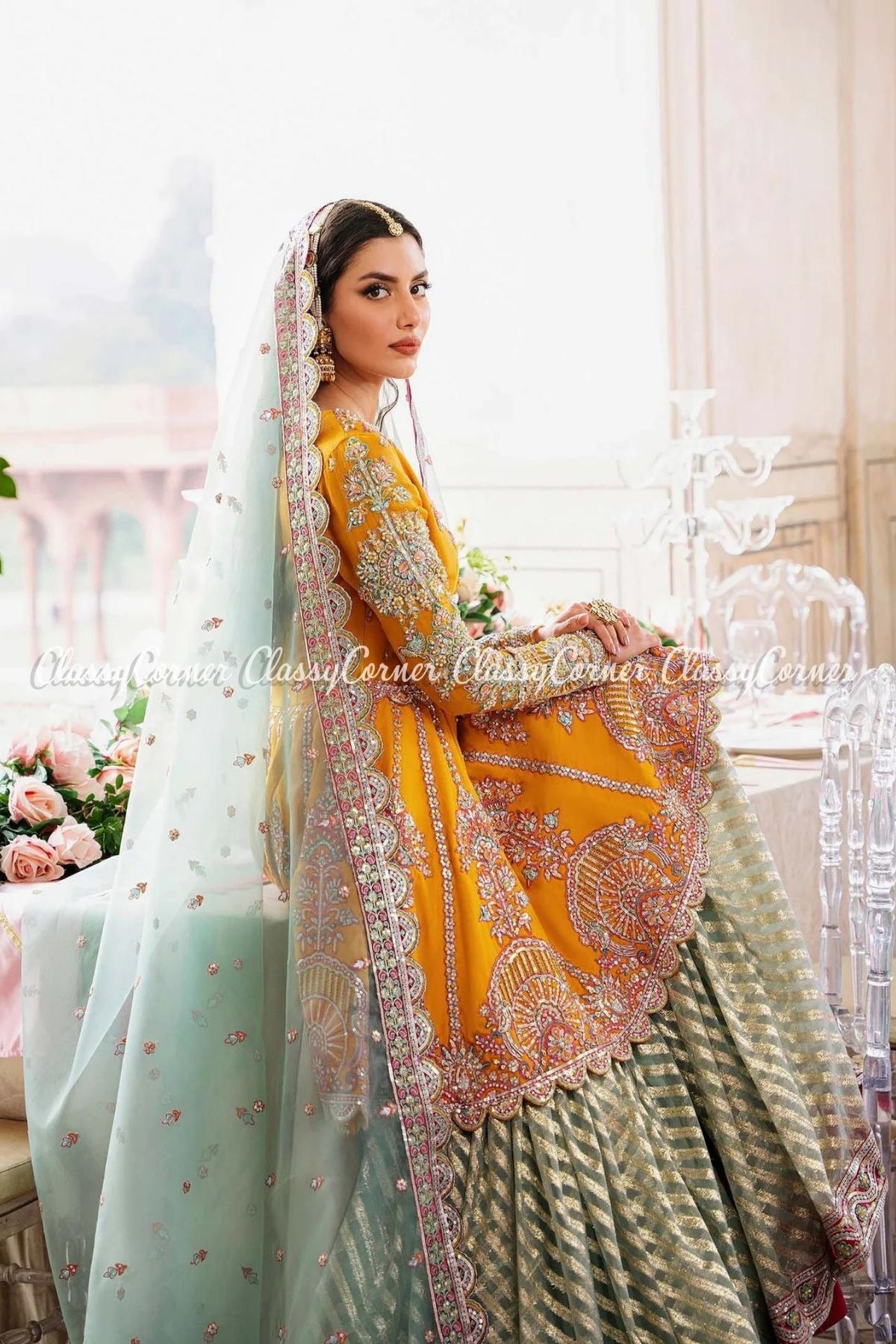 Mustard Mint Net Embellished Wedding Wear Gharara