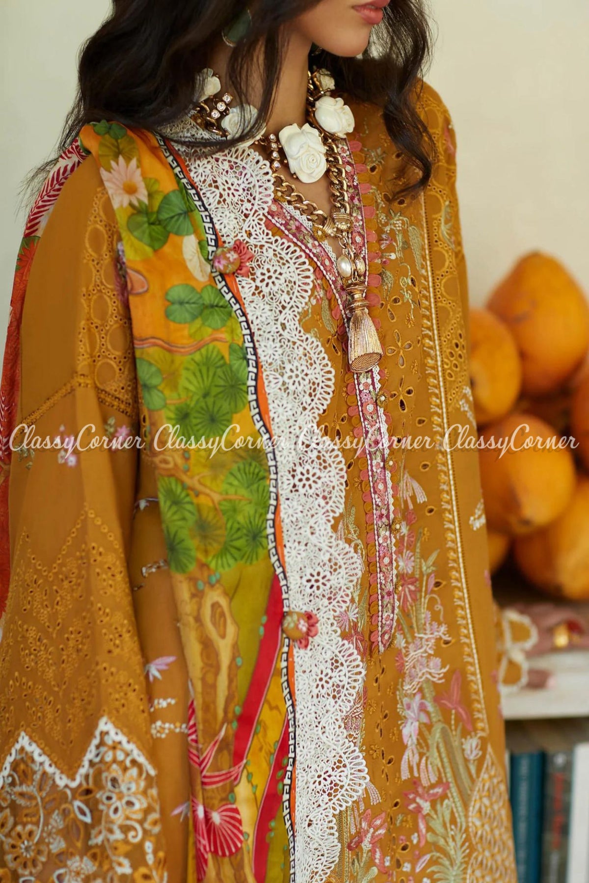 Pakistani Mustard White Embroidered Lawn Salwar Kameez