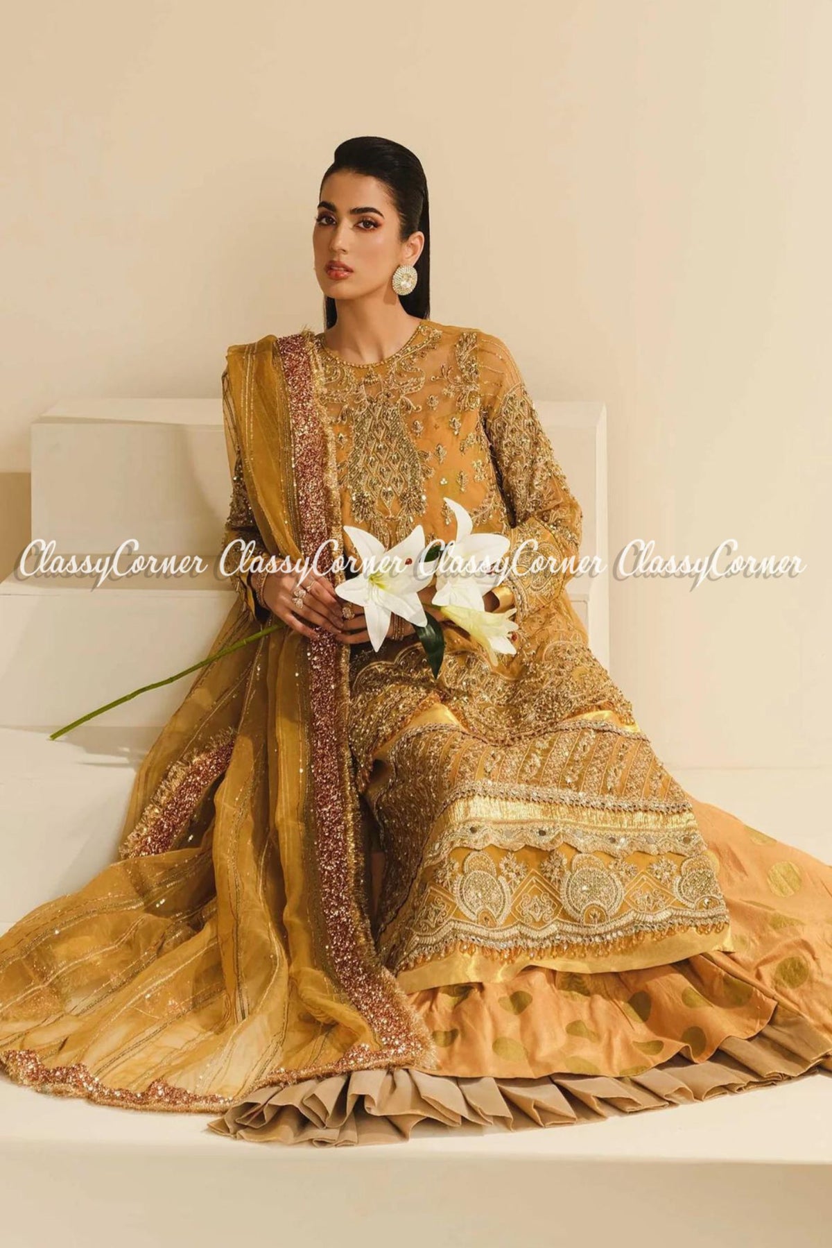 Mustard Yellow Golden Organza Embroidered Party Wear Outfit