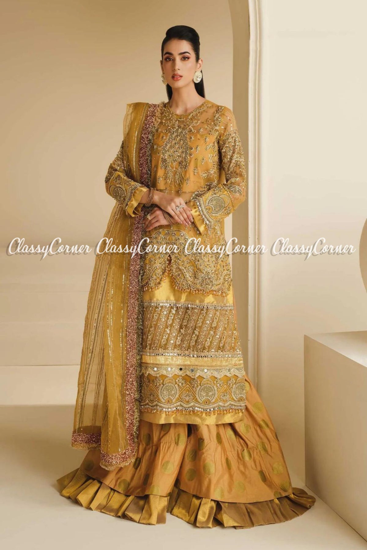 Mustard Yellow Golden Organza Embroidered Party Wear Outfit