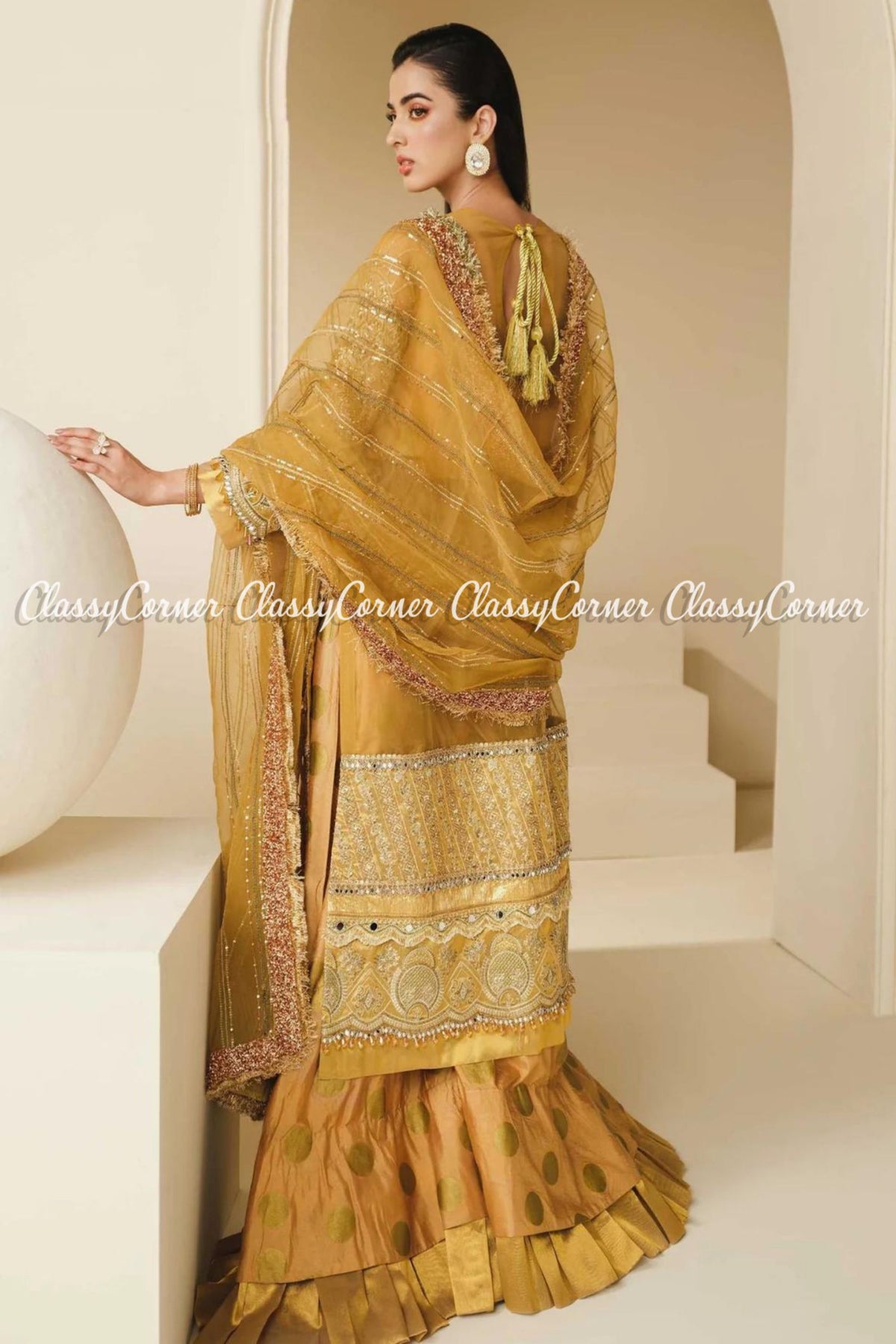 Mustard Yellow Golden Organza Embroidered Party Wear Outfit